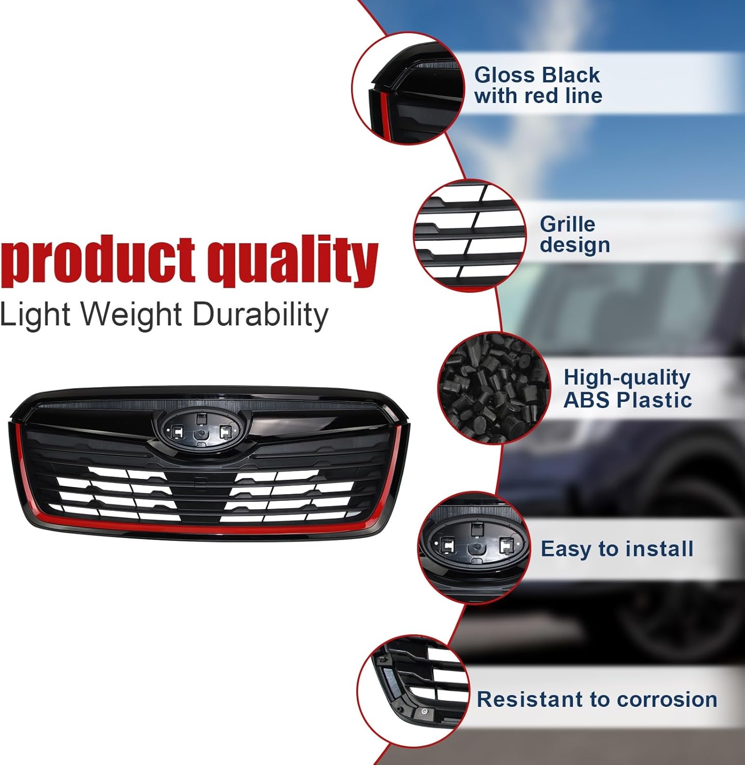 Auto Front Grille, Car Front Grill, Compatible with 2019-2021 Forester With Camera Hole Gloss Black and Red Line,OE Number: 91121SJ040,91121SJ140