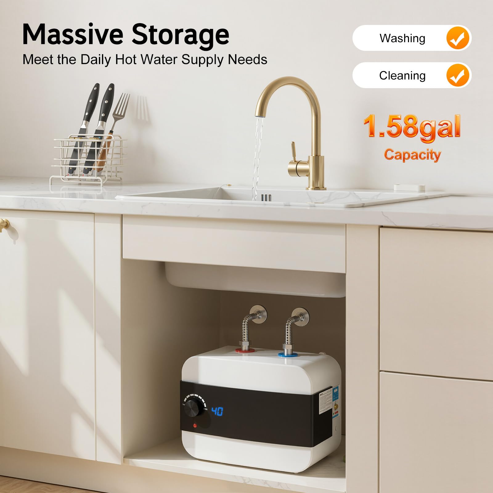 Scaldabagno elettronico istantaneo, 1500 W, mini scaldabagno da 6 l, con indicatore di temperatura a LED leggibile per cucina, bagno