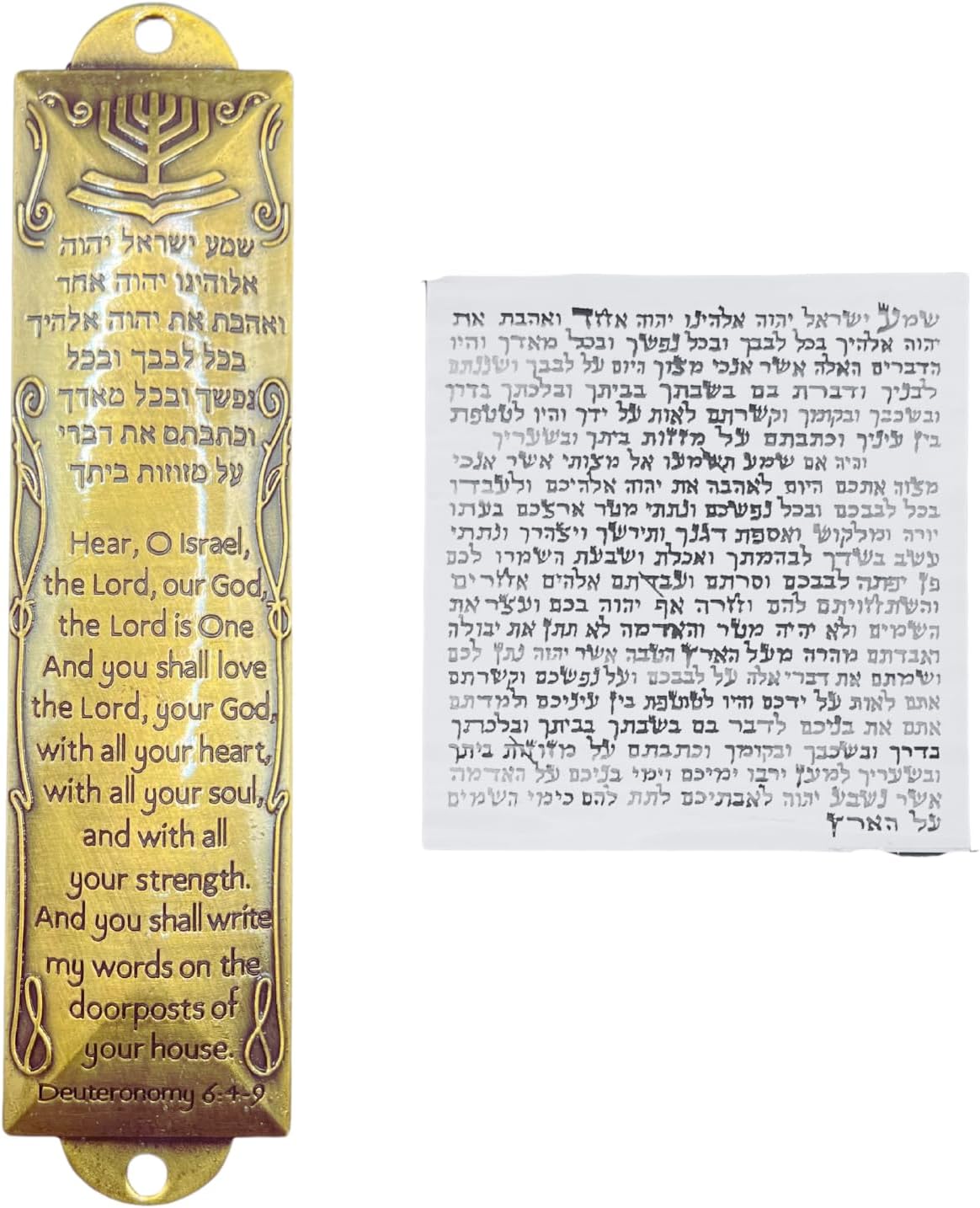 Brass Shema Blessing Mezuzah Scroll - 5.5 Tall Jewish Door Mezuzah with Scroll, Hebrew & English Text, Menorah Design - Traditional Home Decor, Spiritual Protection