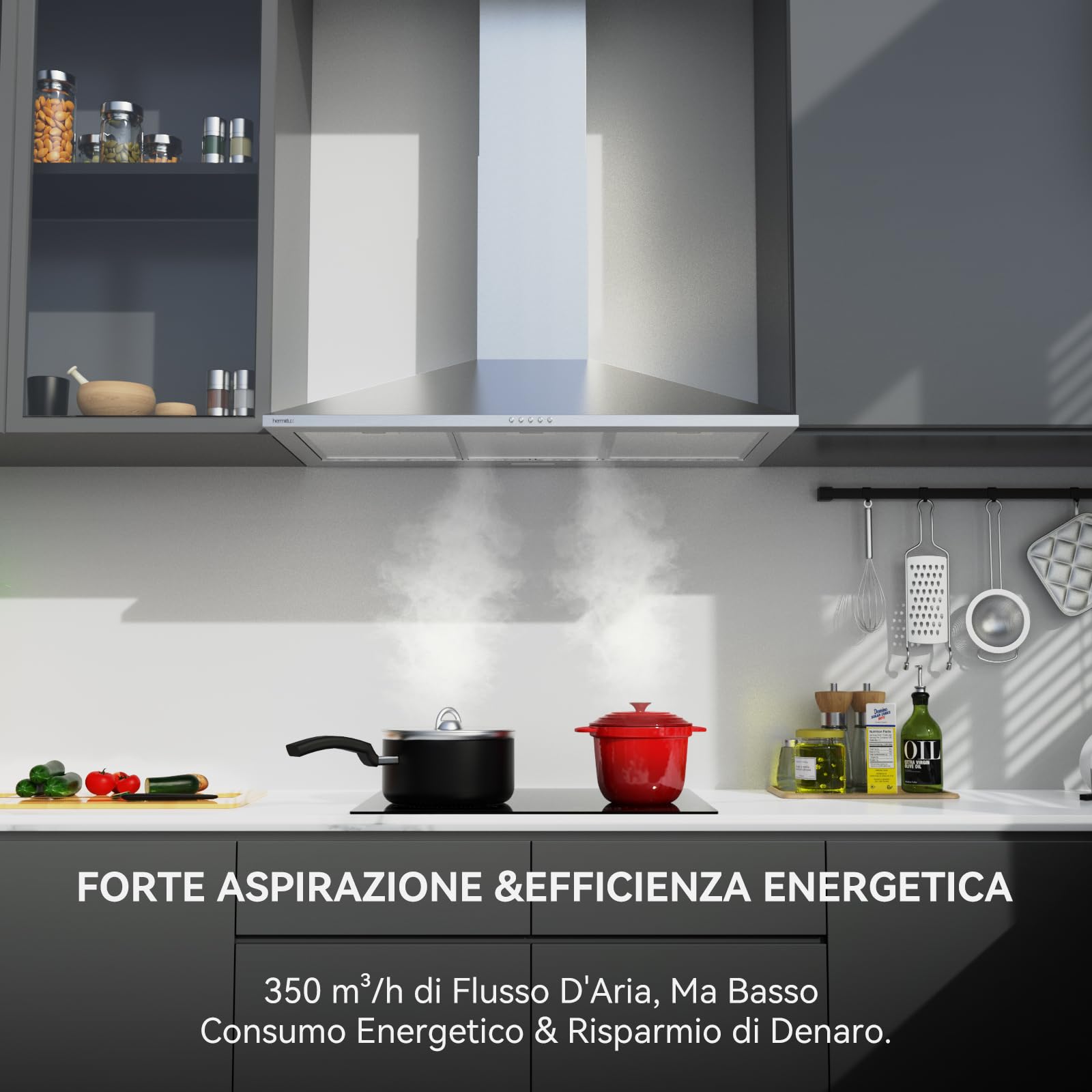 Hermitlux Cappa Aspirante 90 cm, Flusso d'aria 350m³/h, Cappe Cucina con Carbone Attivo, 3 Livelli di Aspirazione, Illuminazione Led, Acciai Inossidabili, 53dB
