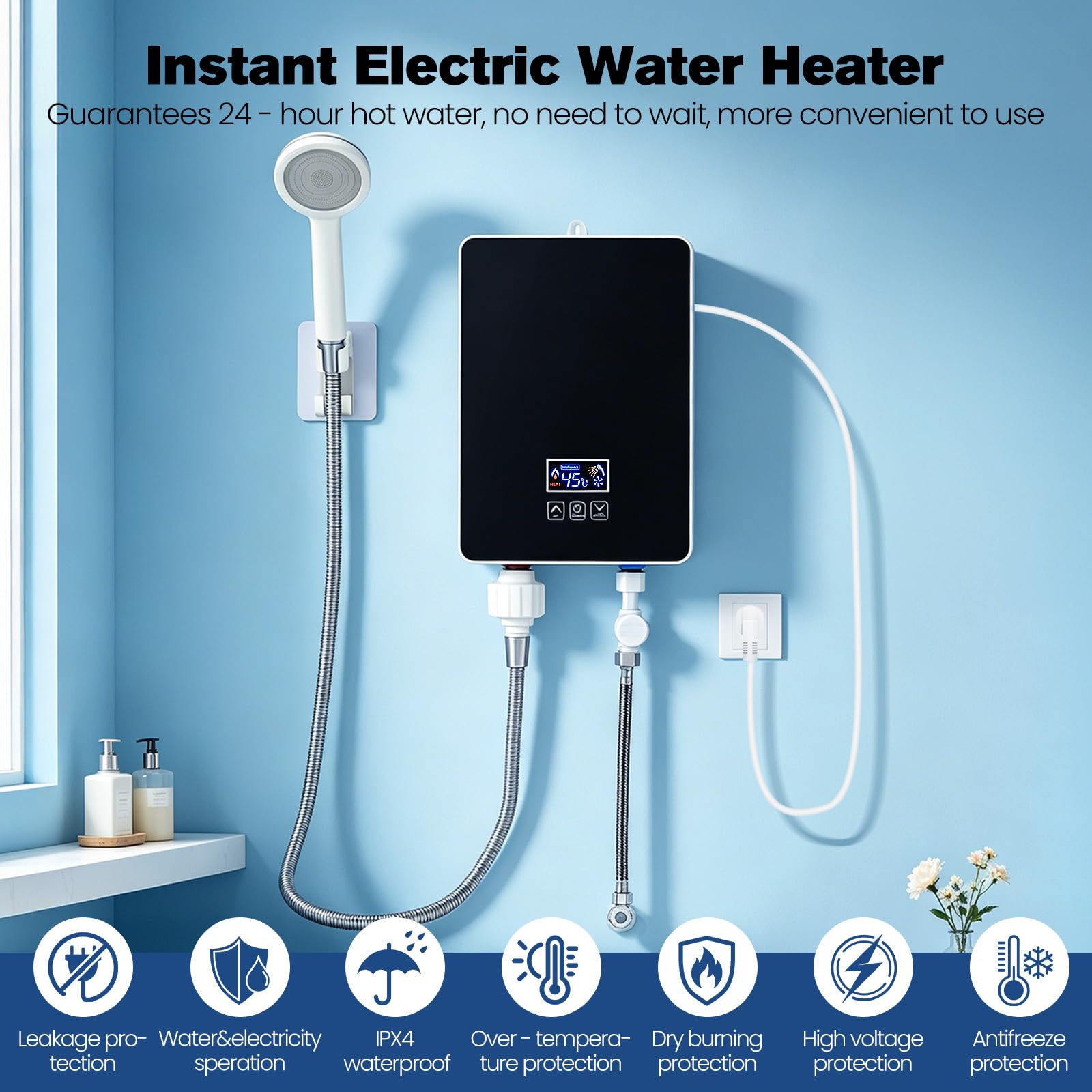6000 W Calentador de agua instantáneo 230 V, agua eléctrico instantáneo con pantalla LED de temperatura, control de temperatura de 30-55 °C, resistente al agua IPX4 para ducha, cocina y baño