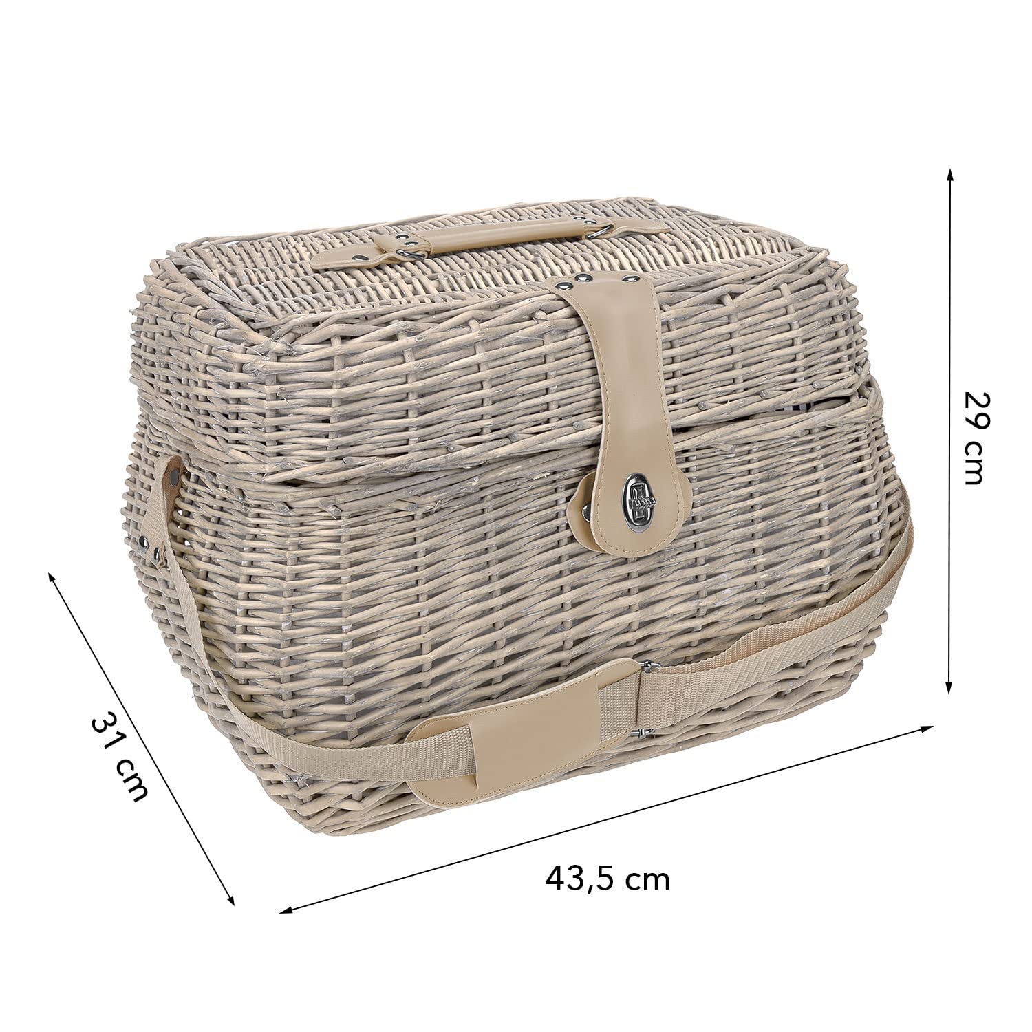 anndora Picknickkorb Shabby helle Natur Weide - mit Isolierfach herausnehmbar blau gestreift - inkl. Zubehör 21 Teile - 4 Personen - Tragegurt