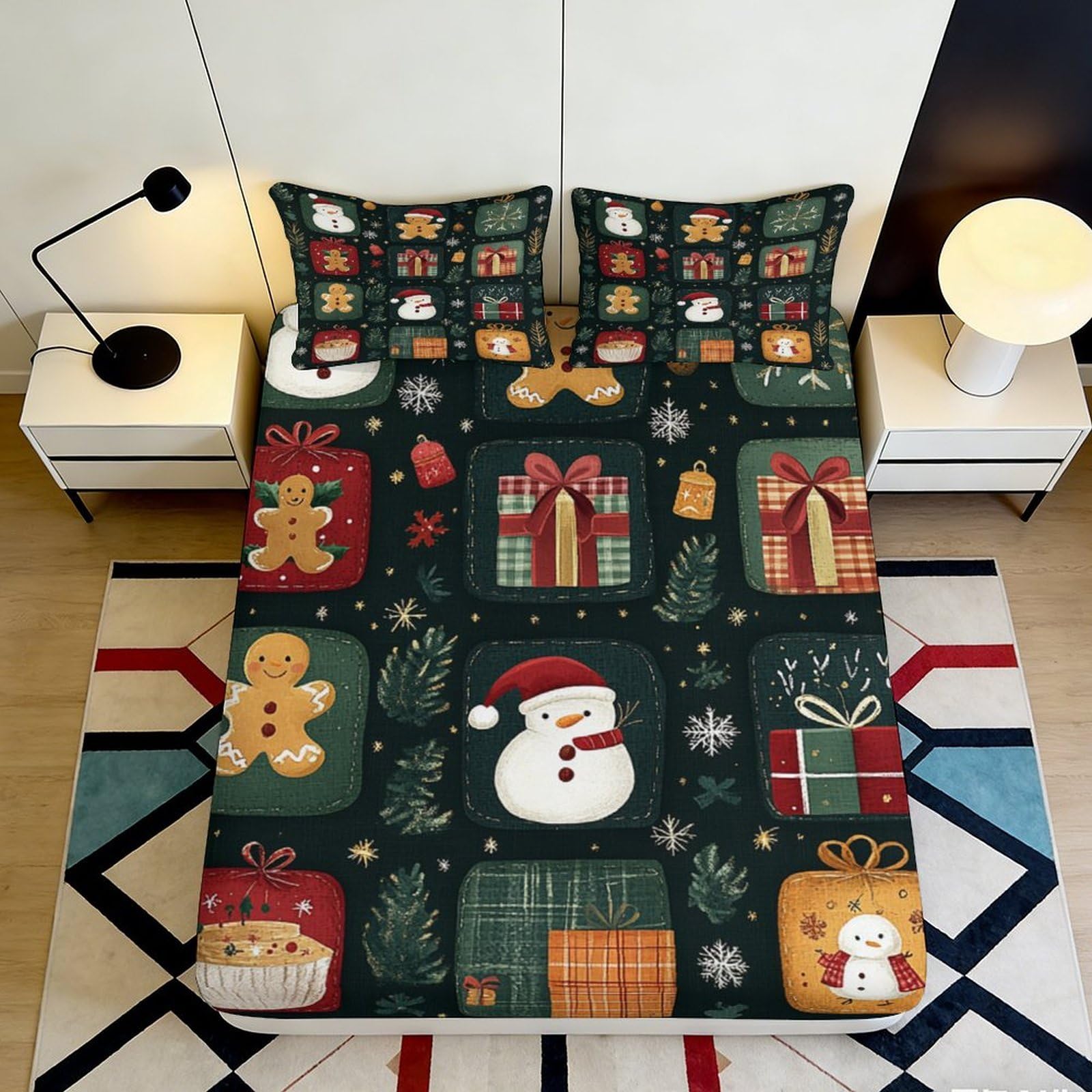 3D Printed Christmas Pattern Fitted Sheet Microfiber Soft Breathable Snowman Mattress Cover for Bedroom Dormitory Guest Room Protection Decor 140x200x25cm