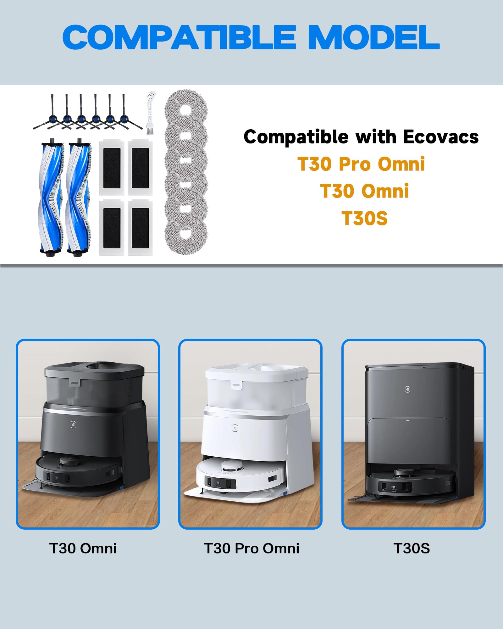 19 Pezzi Accessori per ECOVACS T30 Omni/ T30 PRO Omni Robot Aspirapolvere, Kit di Ricambio con 2 Spazzole Principali, 4 Filtri, 6 Spazzole Laterali, 6 Panni Pulizia, 1 Spazzola di Pulizia