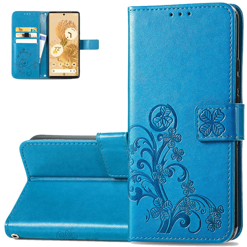 Monwutong Wallet Phone Case for Google Pixel 6 Pro, PU+TPU Leather Flip Kickstand Case with Magnetic Clasp and Cash Card Slots Holder Cover for Google Pixel 6 Pro SYC Blue