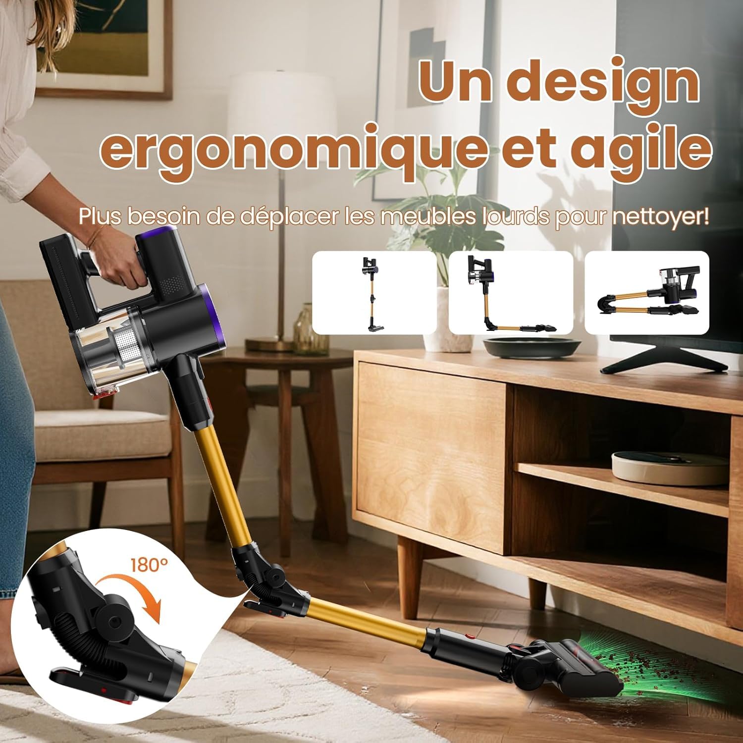S9 Aspirateur Balai sans Fil, 45kPa/500W/45Min, Tube Pliable, Station de Charge Murale 2-en-1, avec Lumière Verte, Filtration HEPA，Adapté aux Poils d'animaux/Tapis/Sols Durs (Jaune)