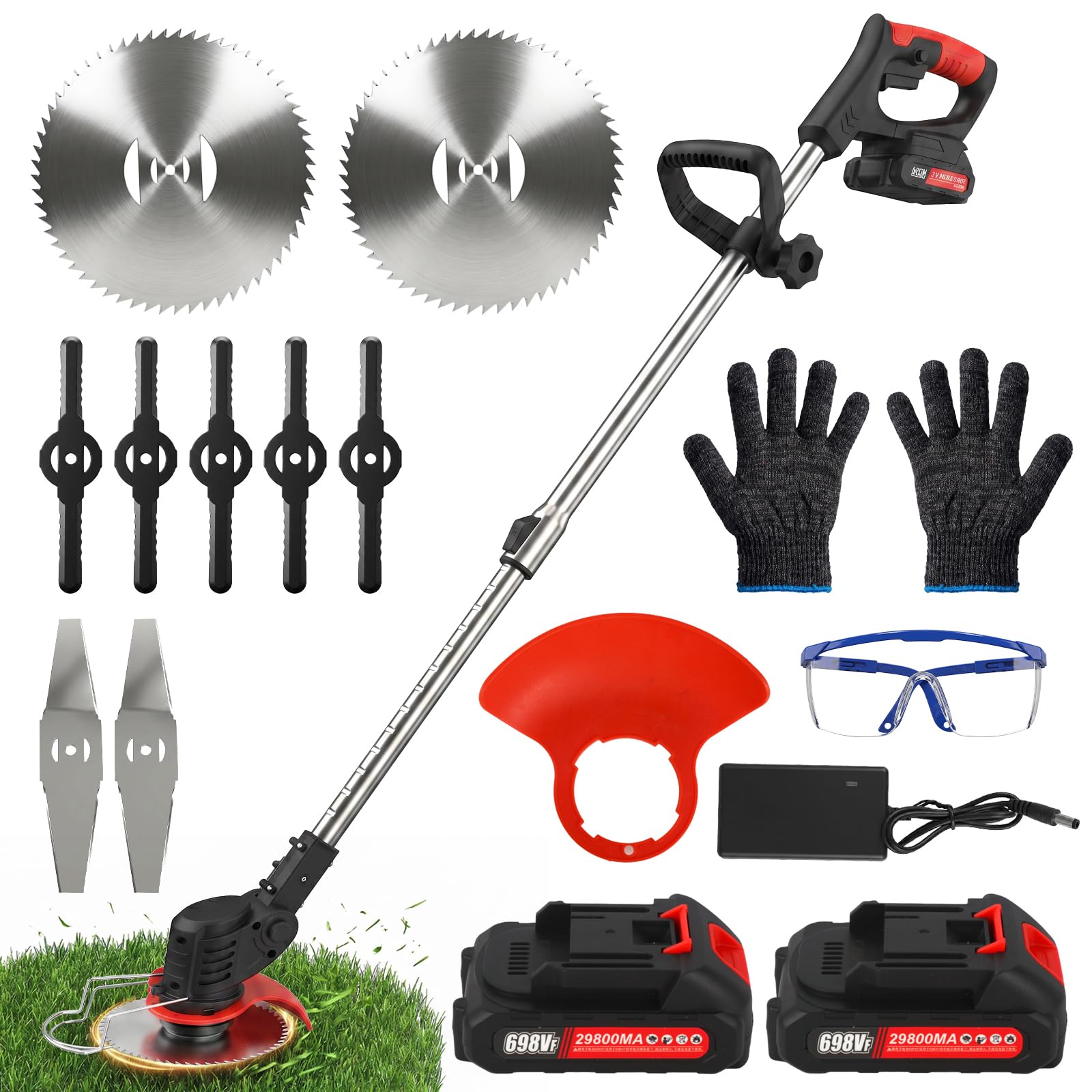 Coupe Bordure sans Fil avec Batterie, Debroussailleuse Electrique sans Fil avec 3 Types Lames, 2 Batteries 21V, Tête Pivotante 90°, Poignée Réglable, Rotofil Batterie pour Jardin et la pelouse