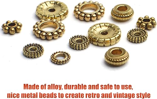 Miniatura 4 de 300 cuentas espaciadoras de aleación, cuentas de joyería de oro antiguo para manualidades, pulseras, collares y manualidades, 6 tamaños