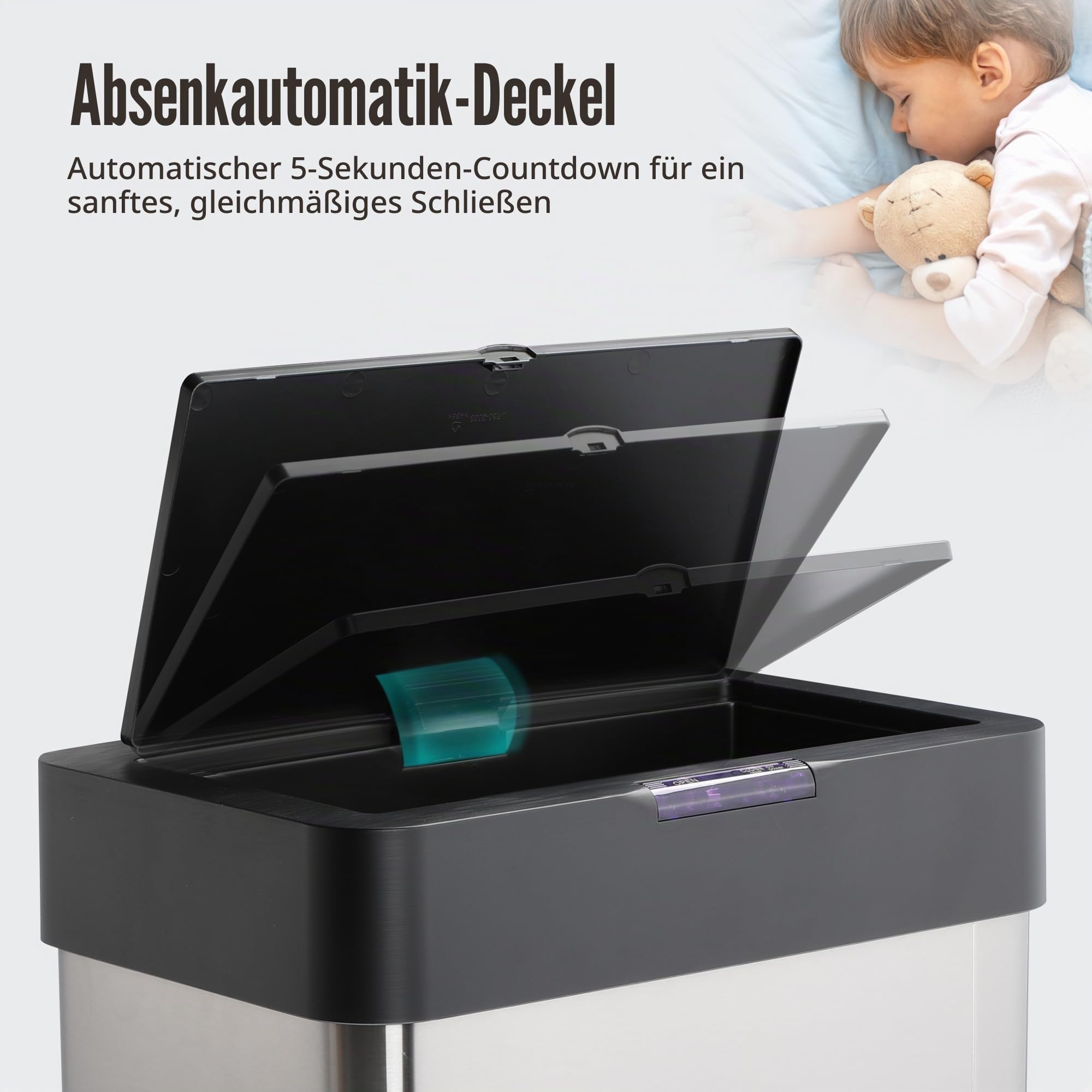 Rengue Automatischer Mülleimer, 50L Berührungsloser Bewegungssensor Abfalleimer Edelstahl Mülleimer mit Deckel für Küche, Schlafzimmer, Home Office