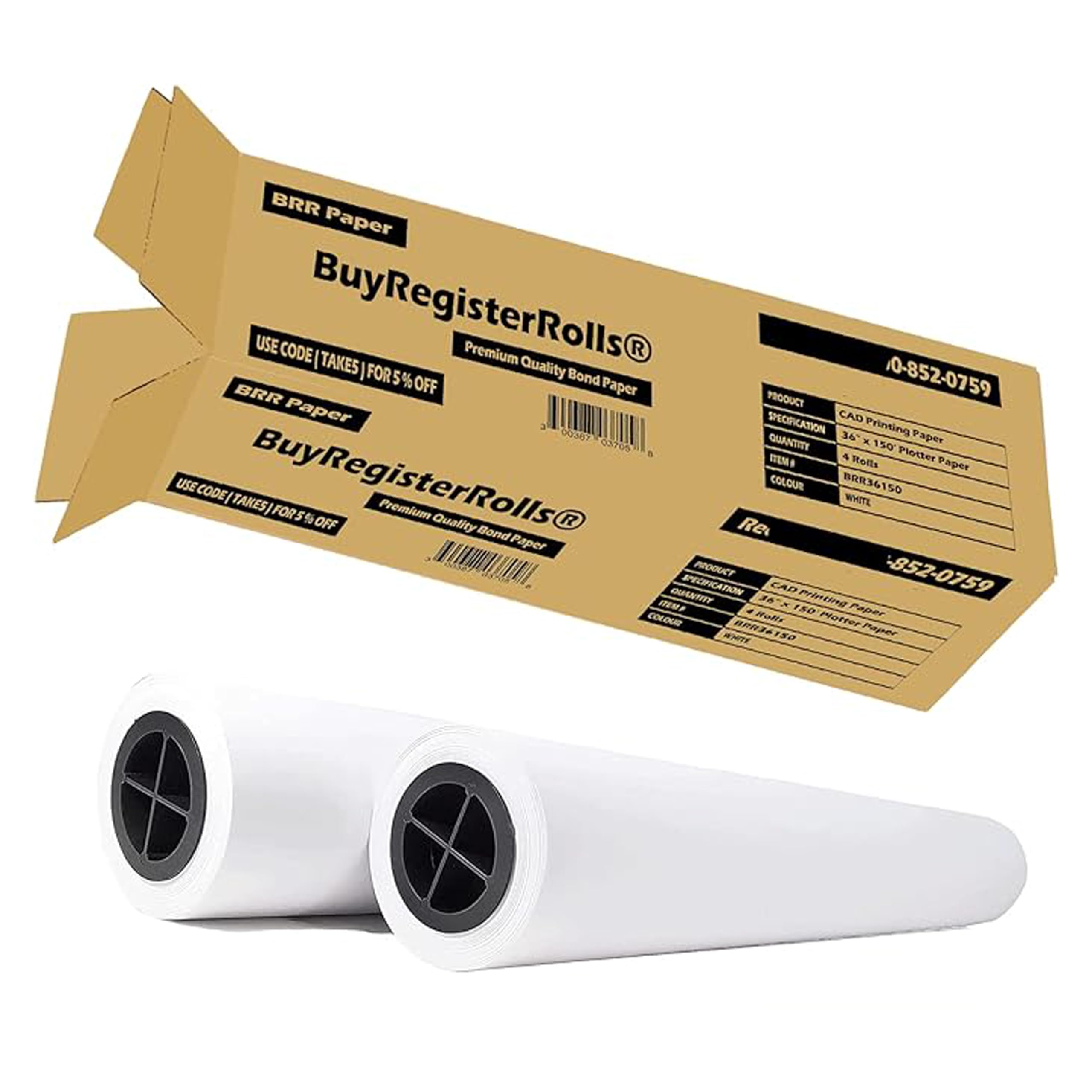 36’’ x 150’ Plotter Paper (New & Premium 2 Rolls) 20 lb Uncoated 96 Bright White (75 GSM with 2’’ Core) CAD Paper Rolls For Engineers, Architects, Copy Service Shops w/Inkjet Printers