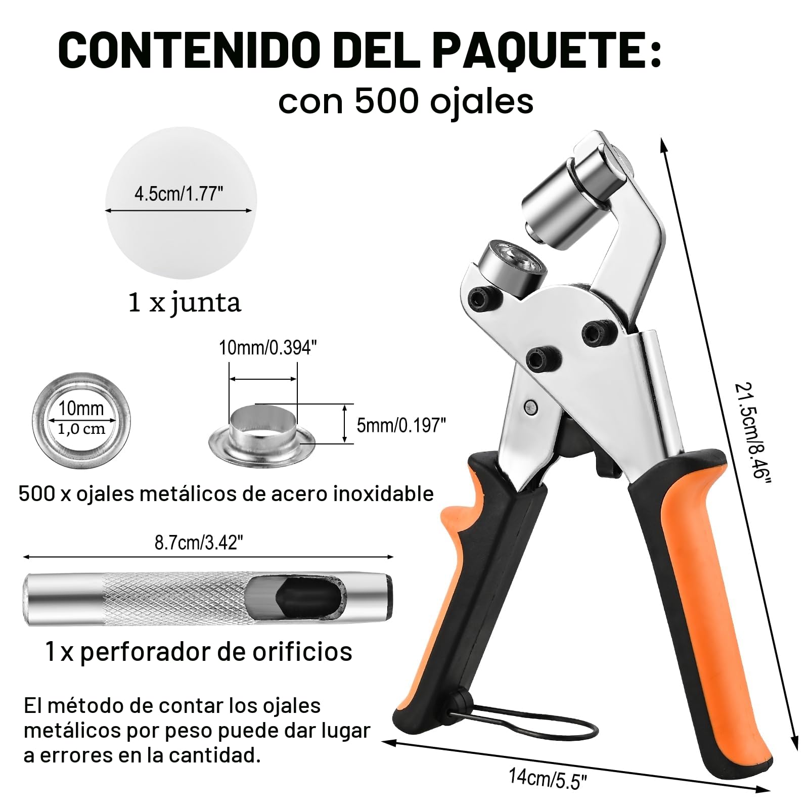 Cieex Juego de Remachadora y 500 Ojales Metalicos - Kit Completo para Ojales para Lonas, Cuero, PVC - Remachadora Ojales con Sujetador Magnético y Punzón