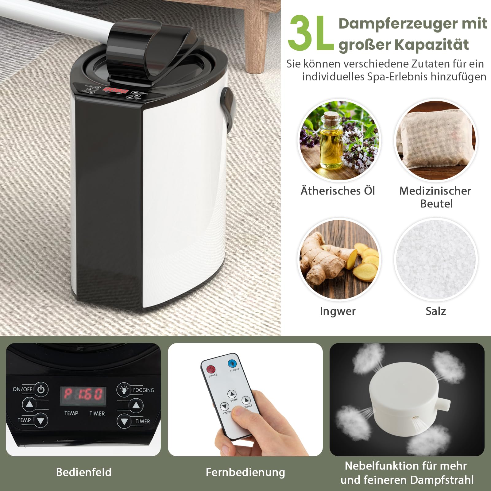 RELAX4LIFE Sauna Portátil 3L con Mando a Distancia y Silla Plegable, Sauna de Vapor con 9 Niveles de Temperatura, Temporizador 15-90 Min y Función de Nebulización, Mini Sauna 1000W (Gris)