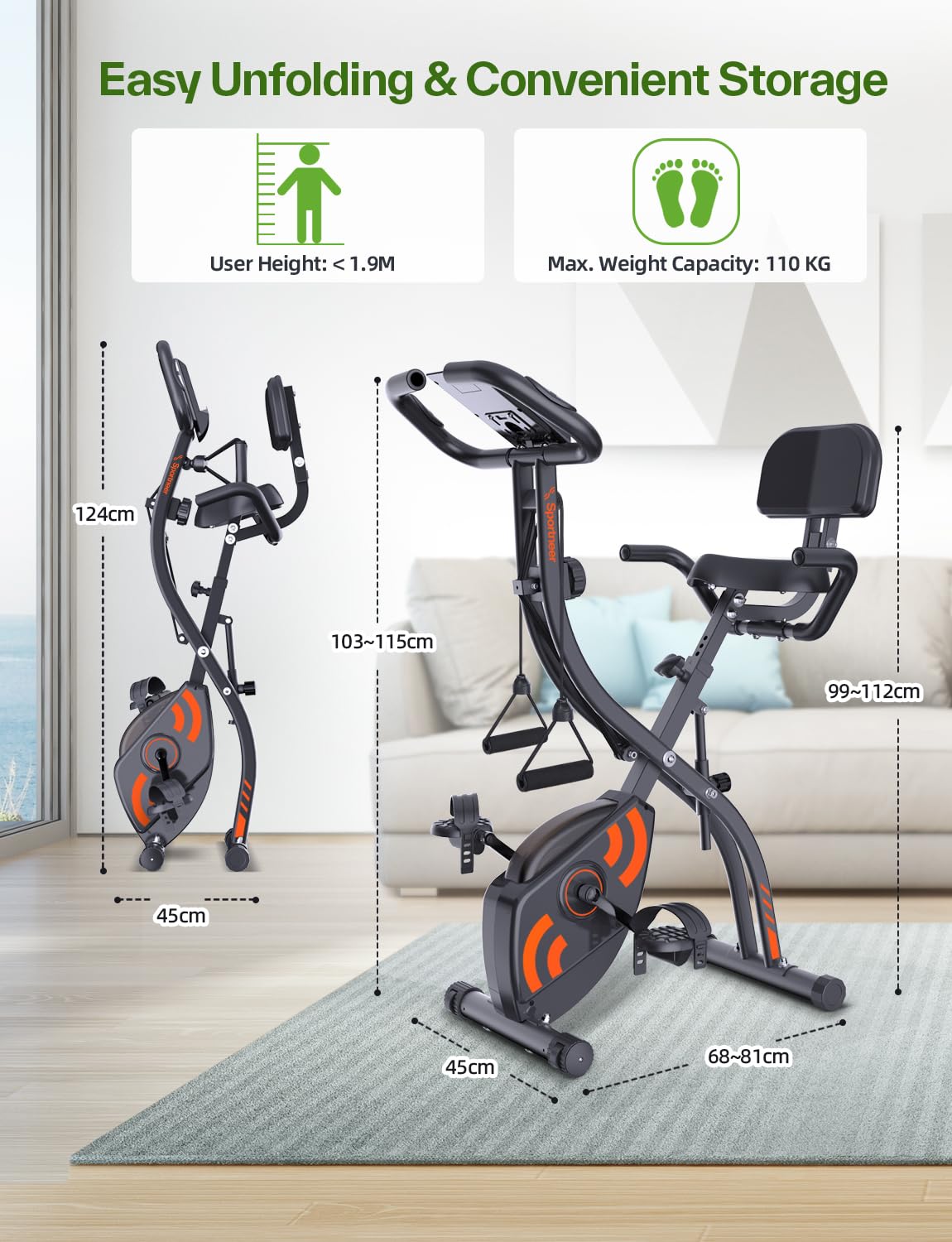 Sportneer Heimtrainer Fahrrad Klappbar, 4-in-1 Ergometer Heimtrainer, Spinning Bike Indoor mit 16 Widerstandsstufen, Ergometer Klappbar mit LCD-Display & Handpulssensoren, Für Anfänger & Profis