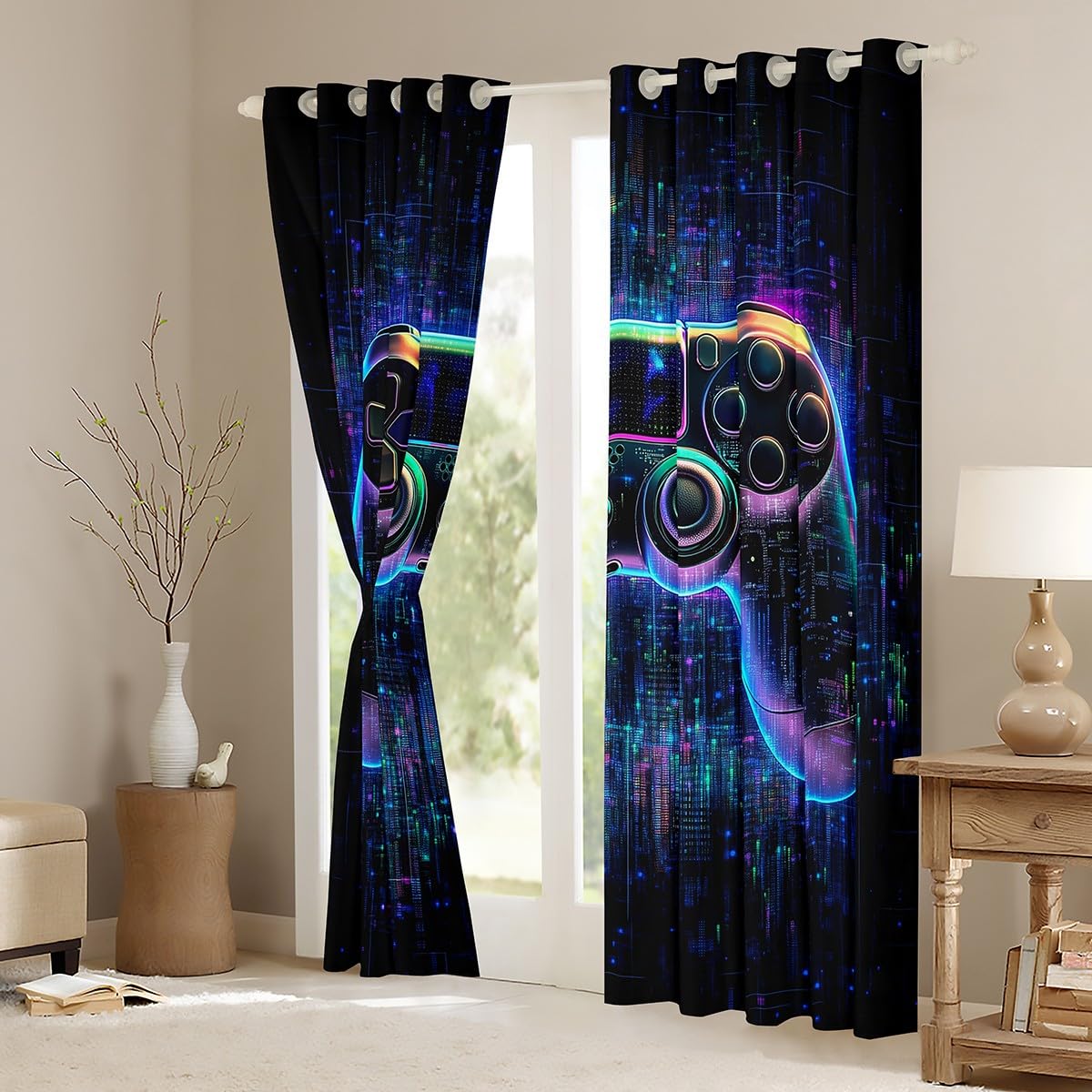 feelingyou Blue Black Game Controller Curtains for Windows,Electronic Game Line Printing Curtains for Living Room,Modern Gamer Gaming Blackout Drapes 2 Panel Sets,46x54L - Image 4