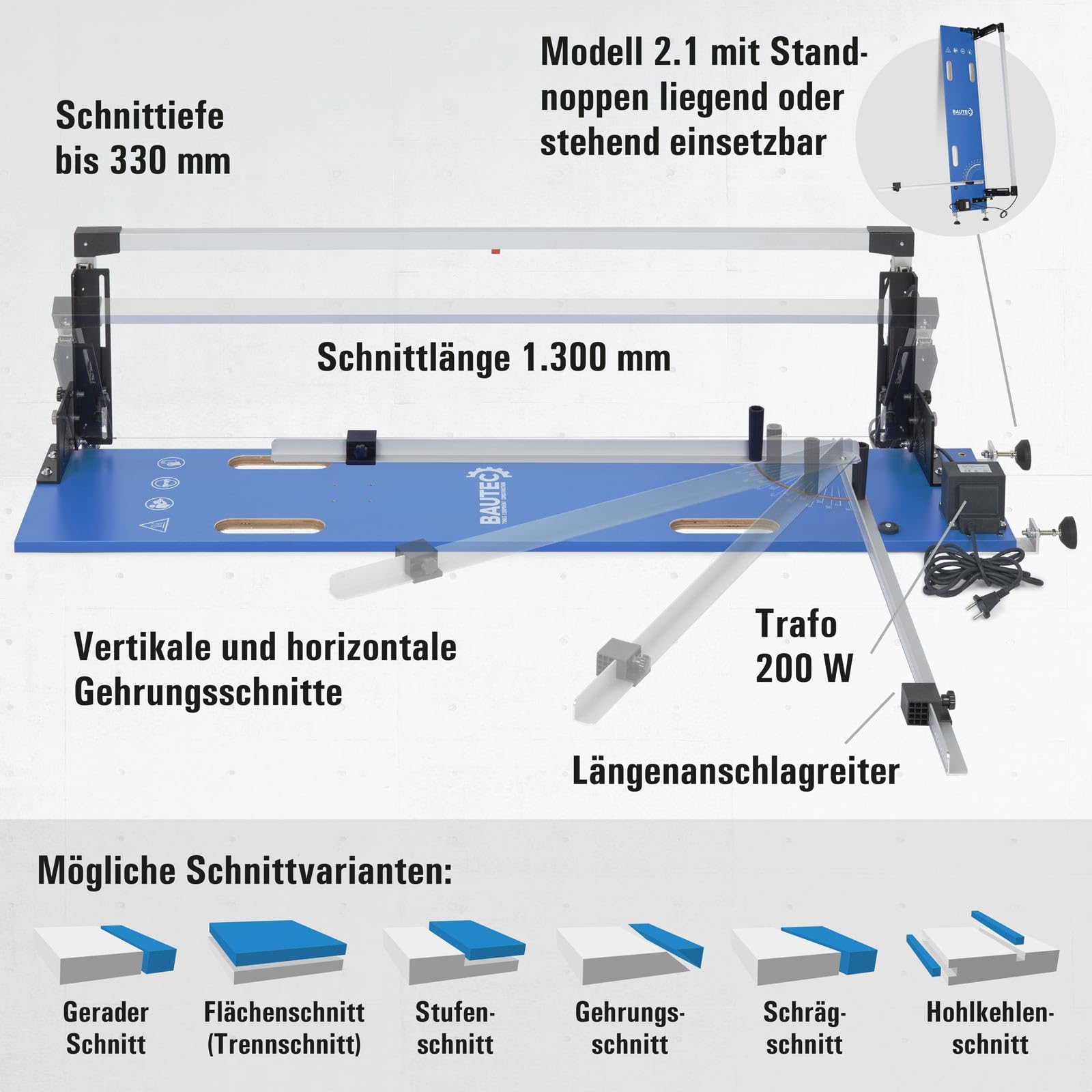 BAUTEC Styroporschneider GAZELLE 2.1 + STYROCUTTER 250W » Premium-Set mit 10 Schneidedrähten, Schleifraspel, Gerüsthalterung, Fußschalter, 6 Styrogrips, Softbag + Klingenset für Handschneider