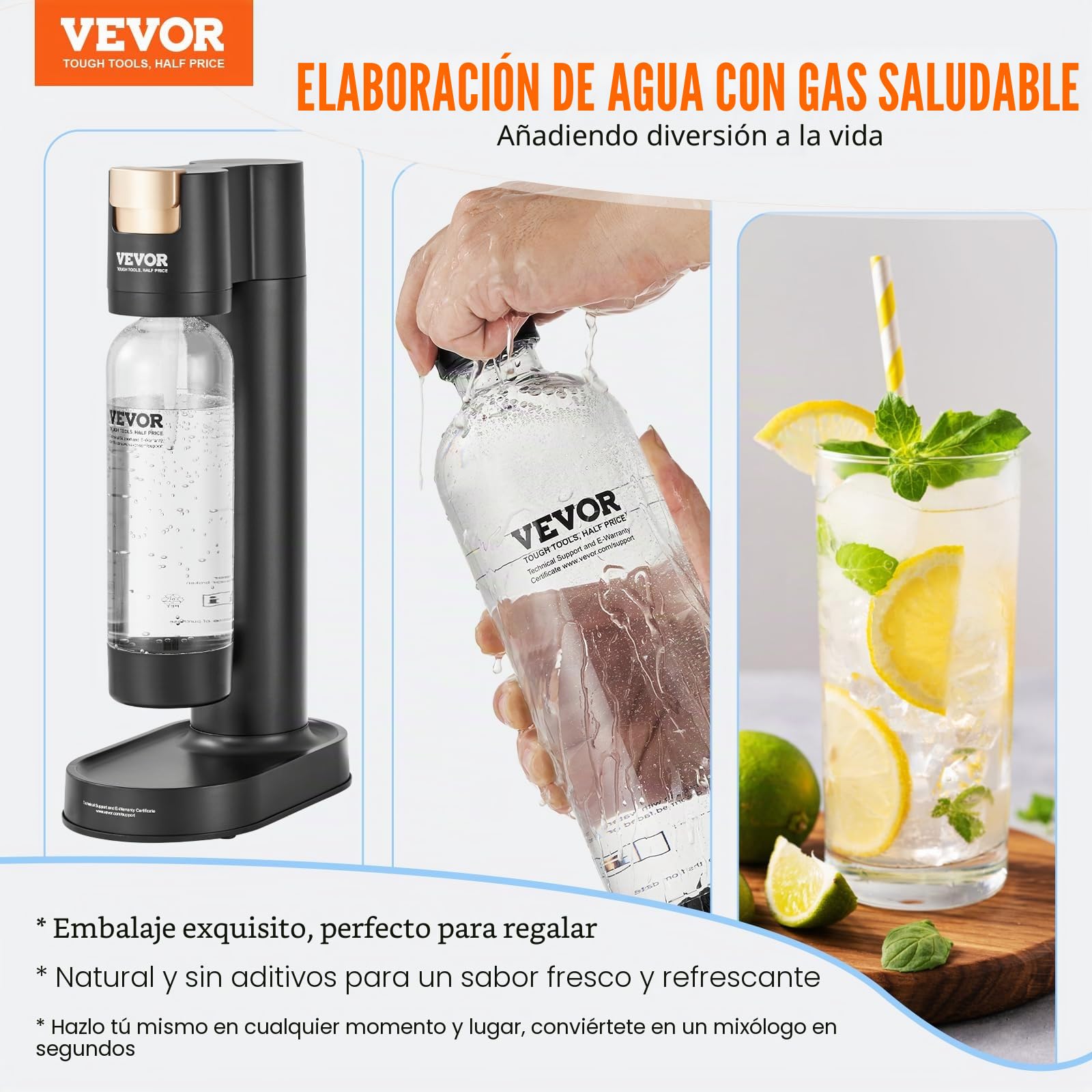VEVOR Máquina para Hacer Agua con Gas, Máquina para Hacer Refrescos para Carbonatar en el Hogar, Kit de Inicio de Agua con Gas, Compatible con Cilindro de CO₂ de 60 Litros Atornillado, Negro