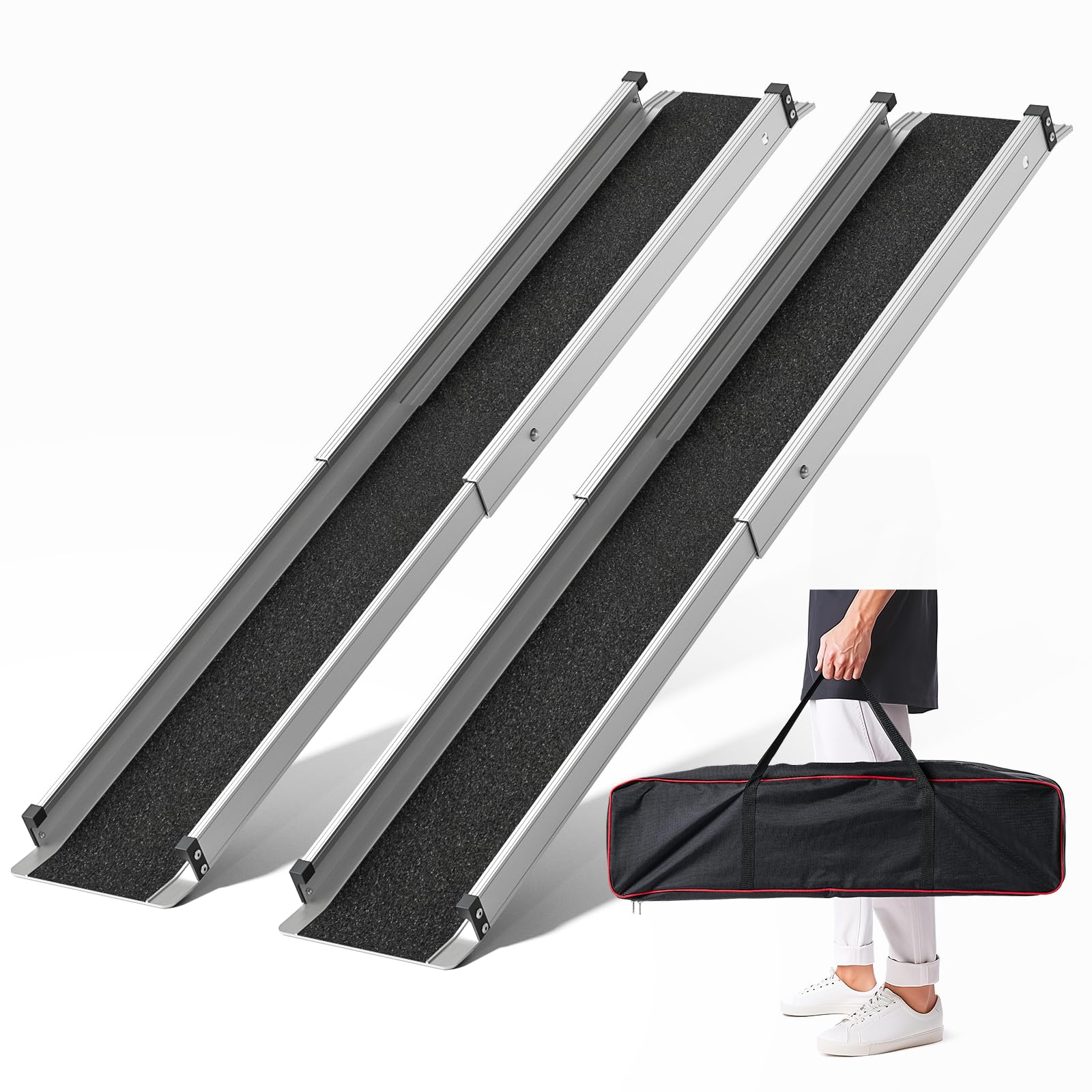 Adjustable Wheelchair Ramp 5FT Telescoping Portable Ramps for Steps Aluminum Lightweight Ramp with Storage Bag Non-Skid Ramps for Wheelchair for Home 60" L x 7.4" W 600lbs Capacity (2 Pack)