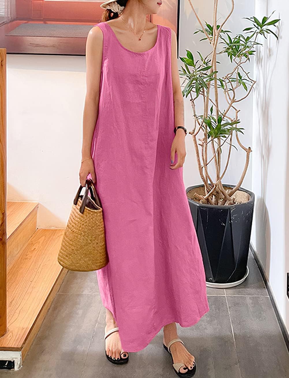 chouyatou Women's Summer Casual Sleeveless Cotton Sun Dress Maxi Tunic Tank Beach Dress with Pocket - Image 2