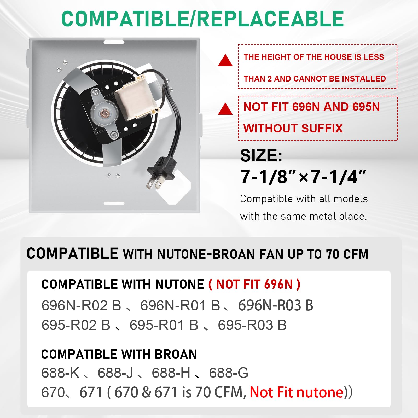 【Upgraded】 696N-R02 B Unit 70CFM Lüfter mit C350BN-Kühlergrill, kompatibel mit Broan-Nutone 688-K 688-J 688-H 688-G 695N-R02 B, 696N-R01 B, 695N-R02 B, 3.0 Sones