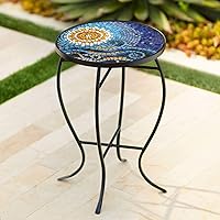 Teal Island Designs Ocean Mosaic Round Outdoor Accent Table - Black Metal 14" Blue Tile Top, Curved Legs for Patio Porch Deck
