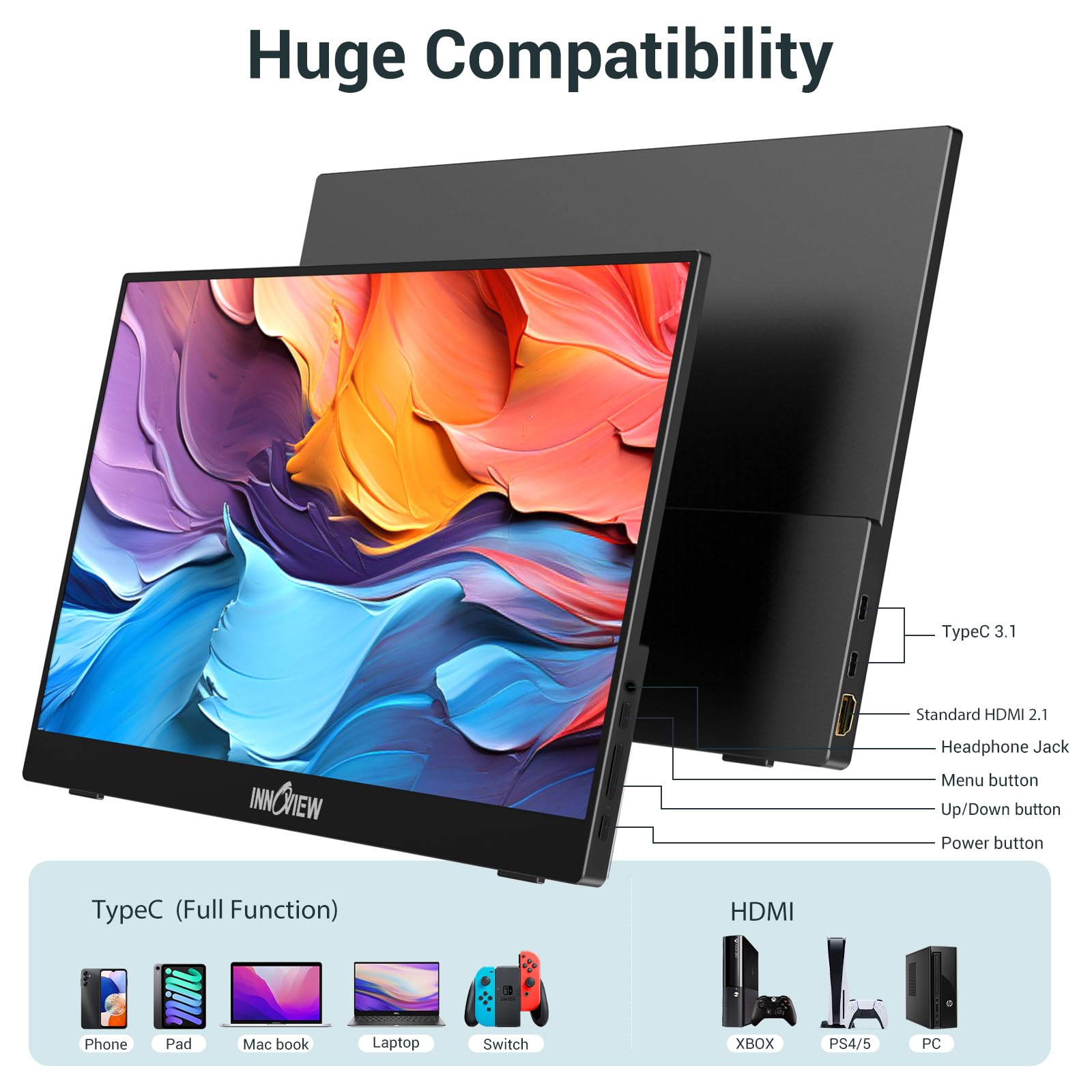 InnoView Portable Monitor, 15.6 Inch FHD 1080P HDMI USB C Second External Monitor for Laptop, Desktop, MacBook, Phones, Tablet, PS5/4, Xbox, Switch, Built-in Speaker with Protective Case view 8