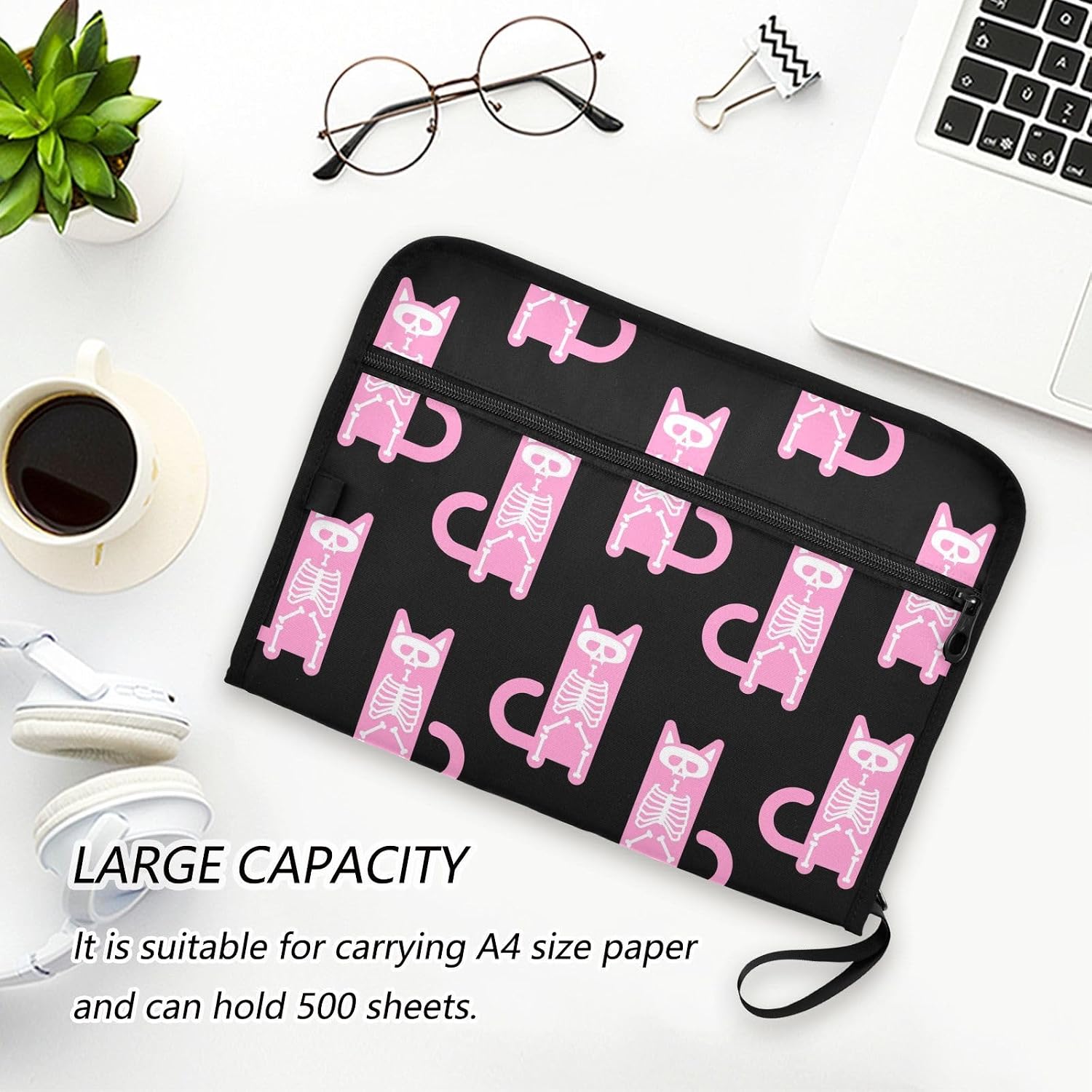 13 Pockets Expanding File Folder Skeleton Cat Black and Pink with Labels Accordion File Folder Document Organizer Letter Size A4 Papers Expandable File Keeper