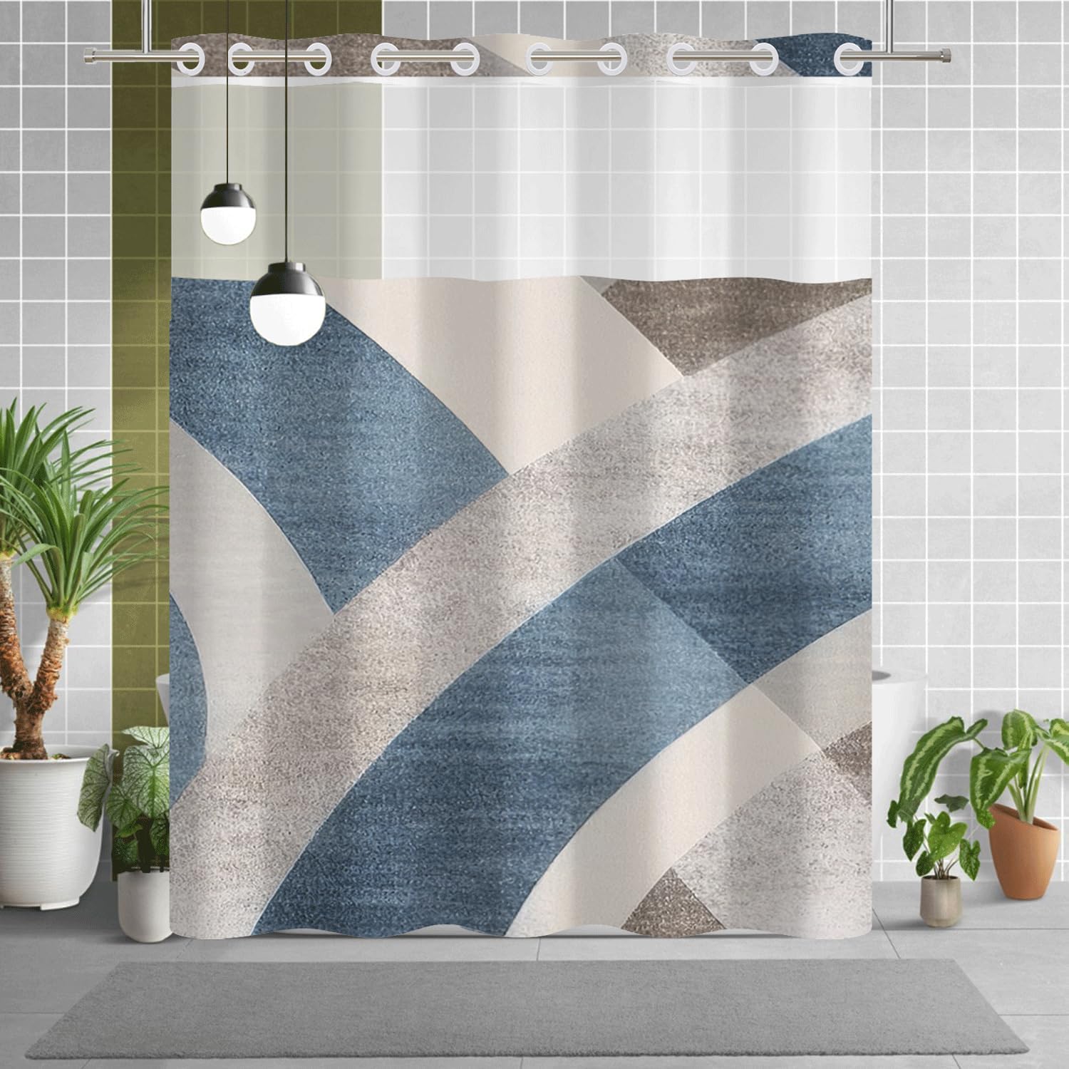 No Hook Shower Curtain with Snap in Liner Set, Abstract Blue Grey Geometric Print - Mesh Top Waterproof Double Layer Bath Tub Curtain for Modern Minimalist Bathroom Decor, 71W x 74H