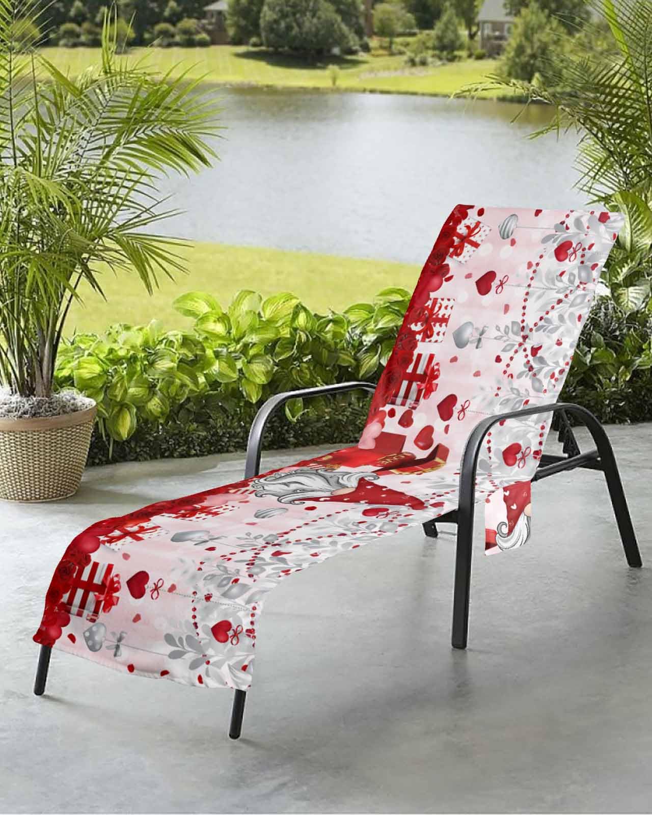 Saint Valentine's Gnomes Beach Chair Towel Covers for Chaise Lounge with Side Pocket, Soft Plush Pool Towels Cover for Patio Sunbathing Outdoor 29''x85'' Romantic Rose Silver Leaf