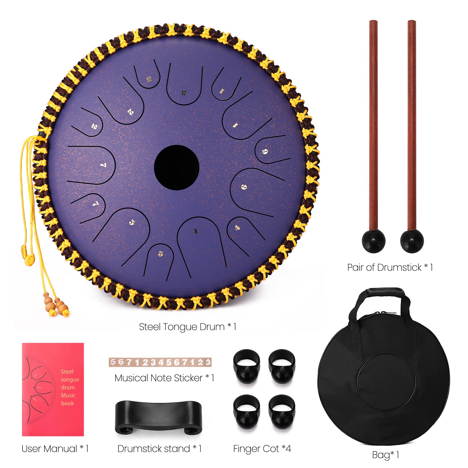 ACAGALA Tambor de lengua de acero al carbono de 14 pulgadas con llave C, tambor de mano con baquetas, instrumentos de percusión