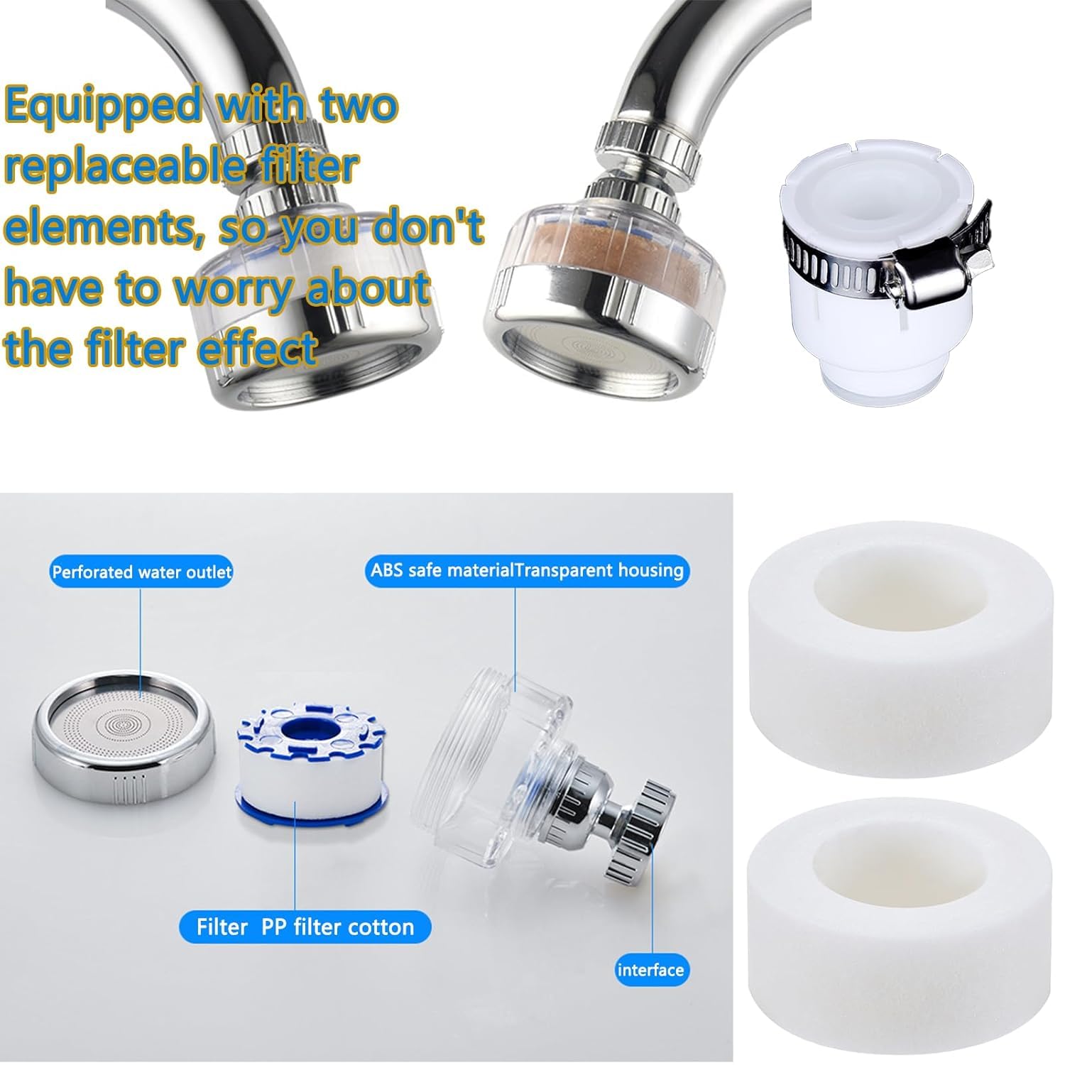 Filtri per rubinetti del lavandino rotanti 360°, filtrazione del rubinetto della cucina purificatore, filtro per rubinetto del bagno, rimuove cloro, fluoruro e metalli pesanti, con adattatore universa