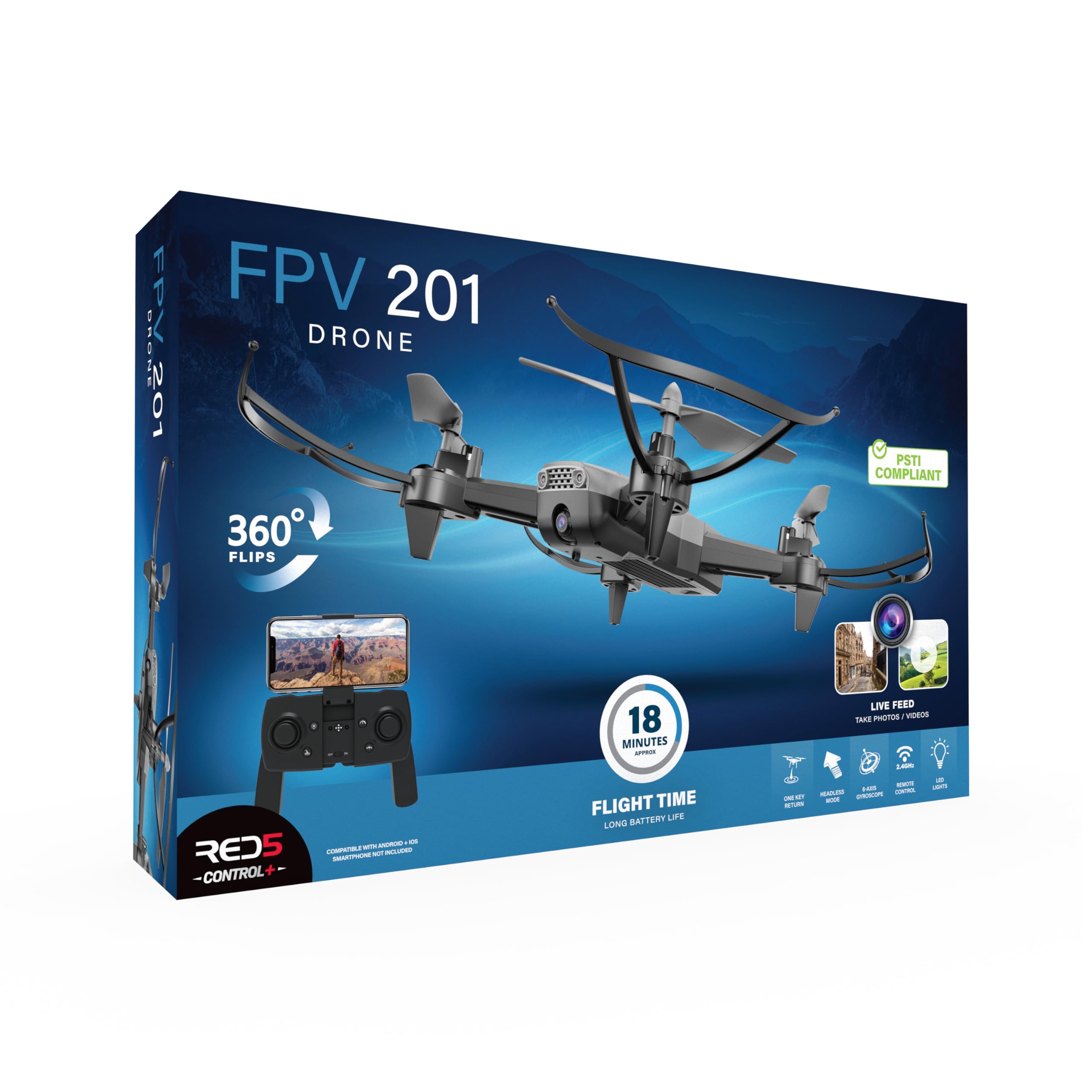 RED5 FPV 201 SD-FPV Wi-Fi Secure PSTI Fixed Wing Remote Control Quadcopter Drone, Black