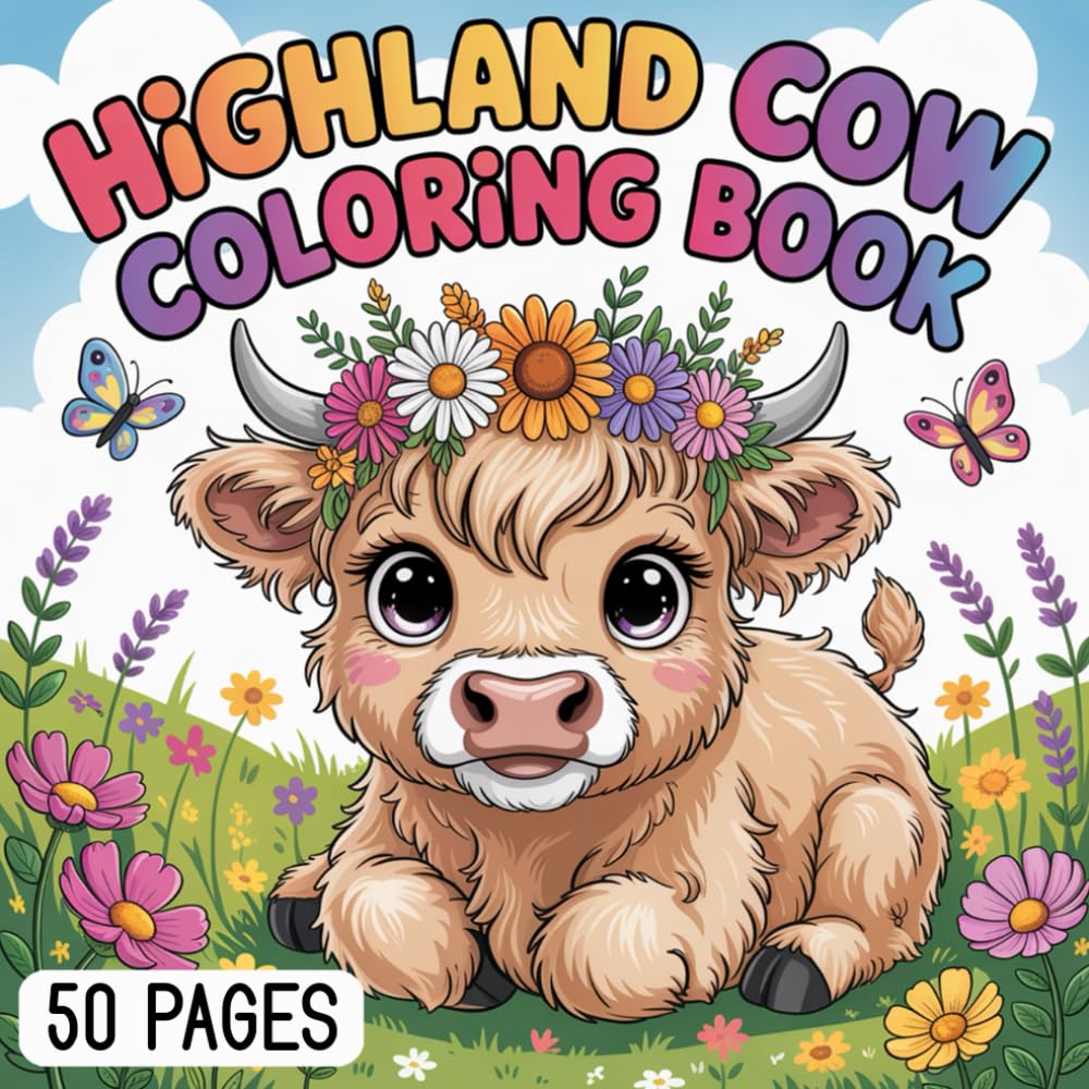 Highland Cow Coloring Book: 50 Fun Scottish Cow Coloring Pages for Kids Ages 6–8 | Cute Highland Cows, Daily Life Scenes