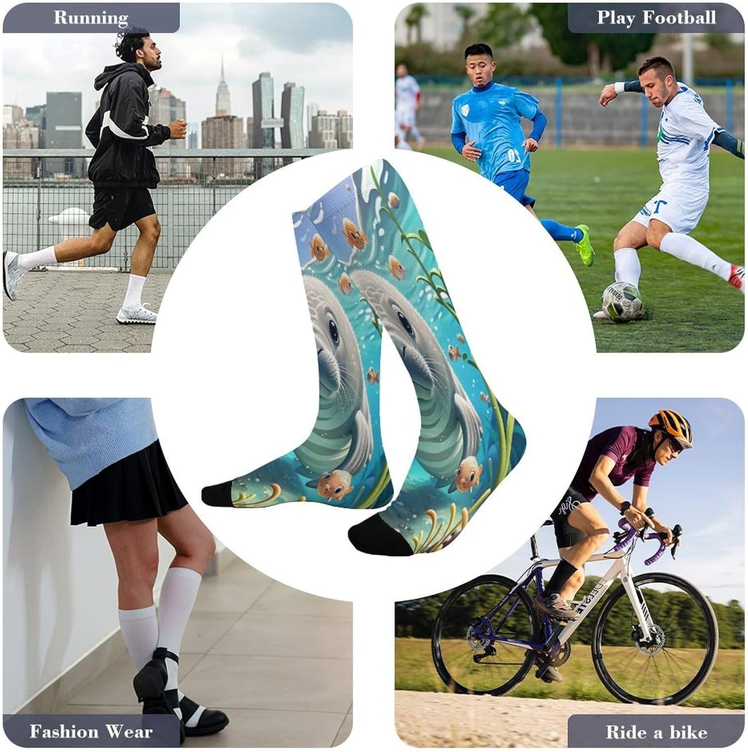 Cute Sea Animal Manatee Crew Socks Calf Socks Athletic Crew Sock
