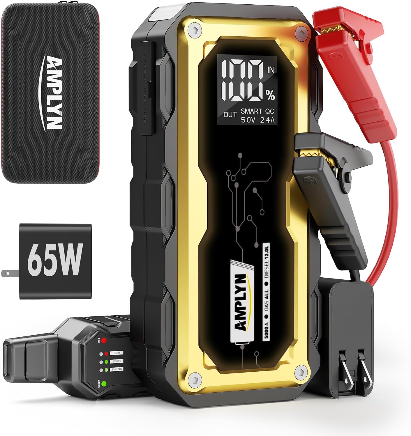 5000A Jump Starter,24000mAh Portable Jump Starter with 65W Quick Charger Battery Pack,12V Car Battery Jump Starter,LED Display,(All Gas 12L Diesel Engine) with Booster,LED Light,Jumper Cables