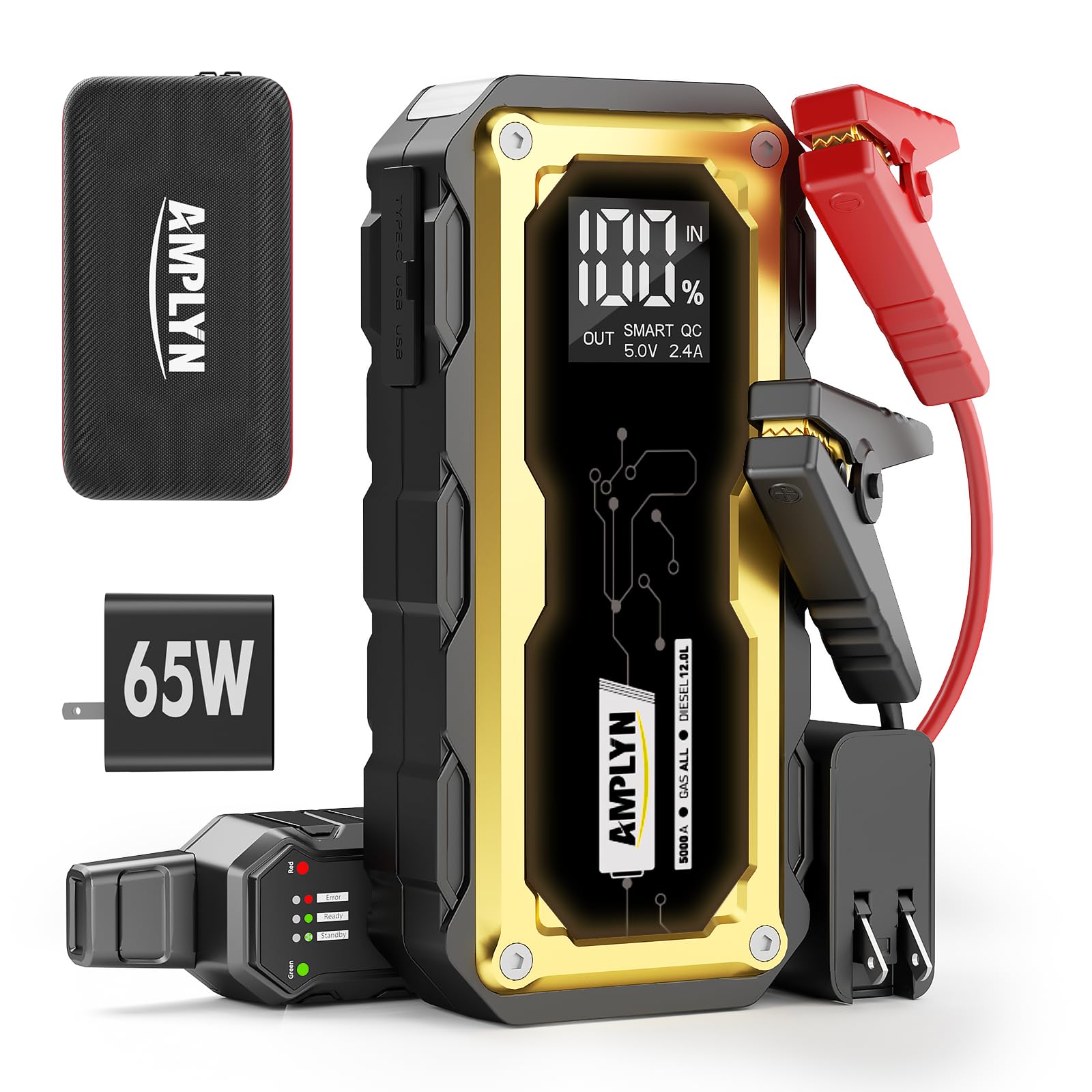 5000A Jump Starter 24000mAh Portable Jump Starter with 65W Quick Charger Battery Pack 12V Car Battery Jump Starter