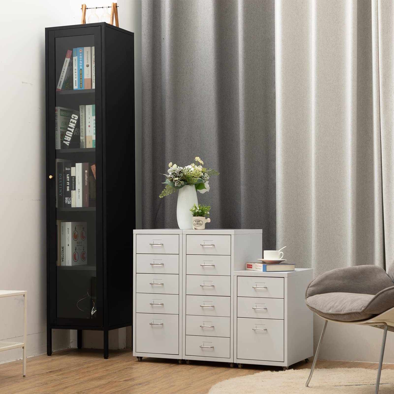 HollyHOME Caisson Métallique à 5 Tiroirs, Organisateur de Classement Roulant pour Bureau, Meuble de Rangement Moderne avec roulettes pour Maison et Bureau, Blanc