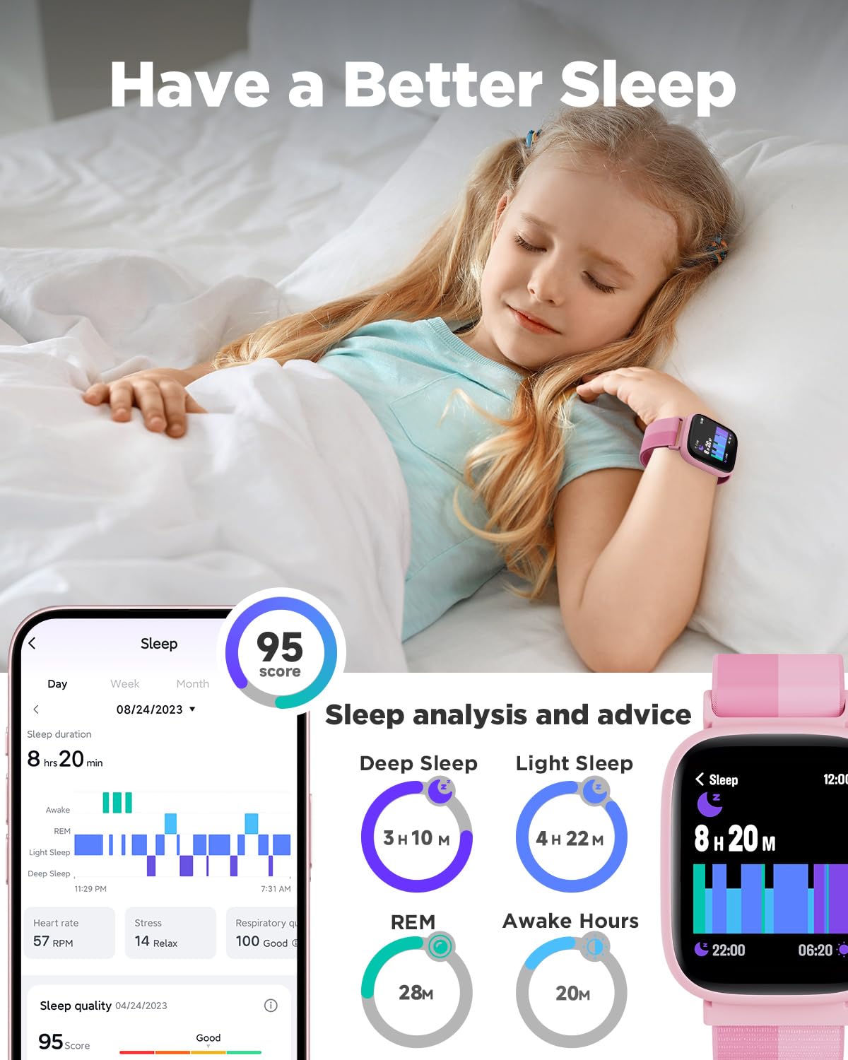 BIGGERFIVE Fitness Tracker Zegarek dla nastolatek w wieku 5 do 16 lat, 1,8" Smartwatch z licznikiem kroków, częstotliwością uderzeń serca, odporność na wodę IP68, monitorem snu, grami logicznymi z/bez