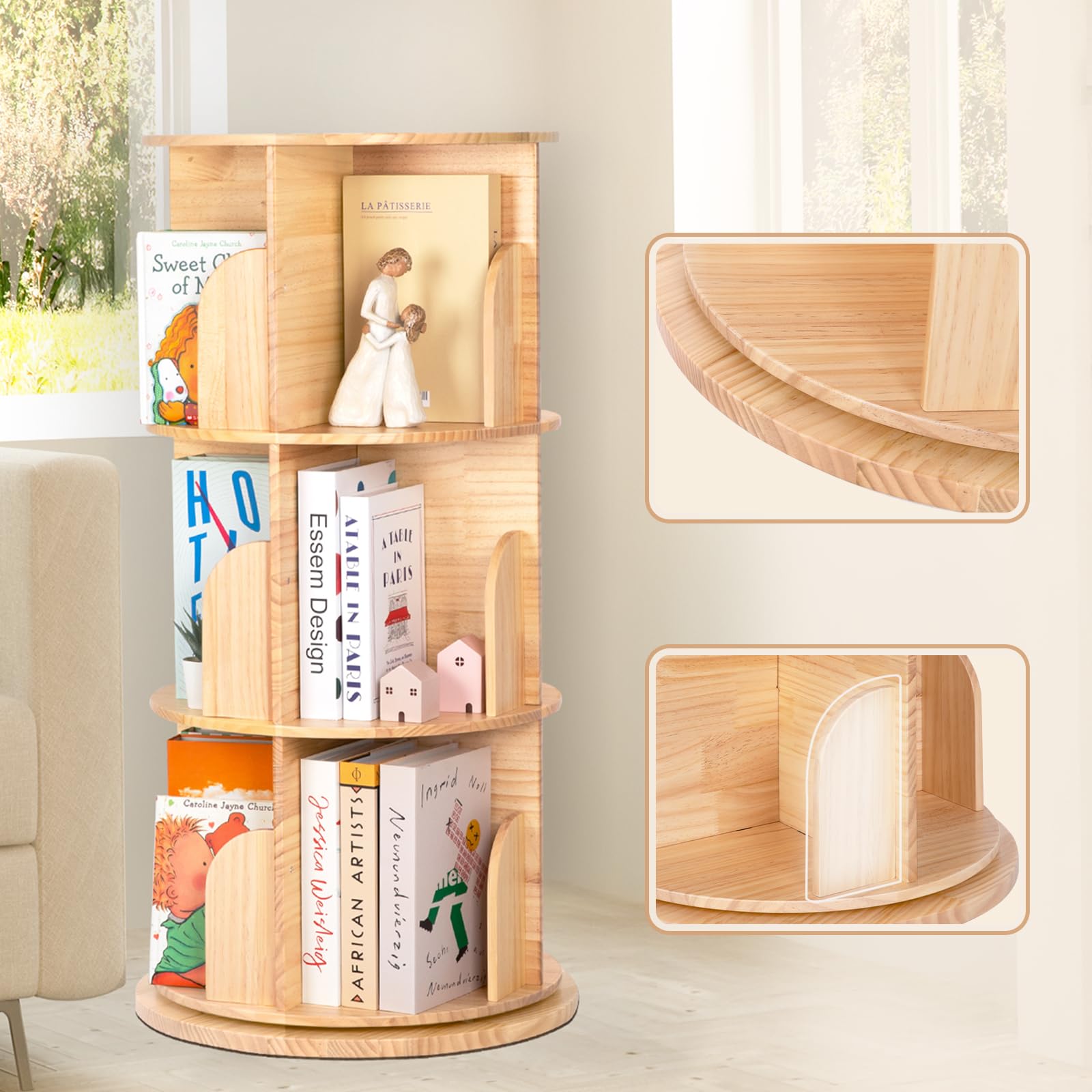 OOOK Drehbares Bücherregal Kinder aus Massivholz, 360 Grad 3-stöckiges Bücherregal Kinderzimmer für Kinder und Erwachsene, Multifunktionales Kinderbücherregal Holz für Kinderspielzimmer