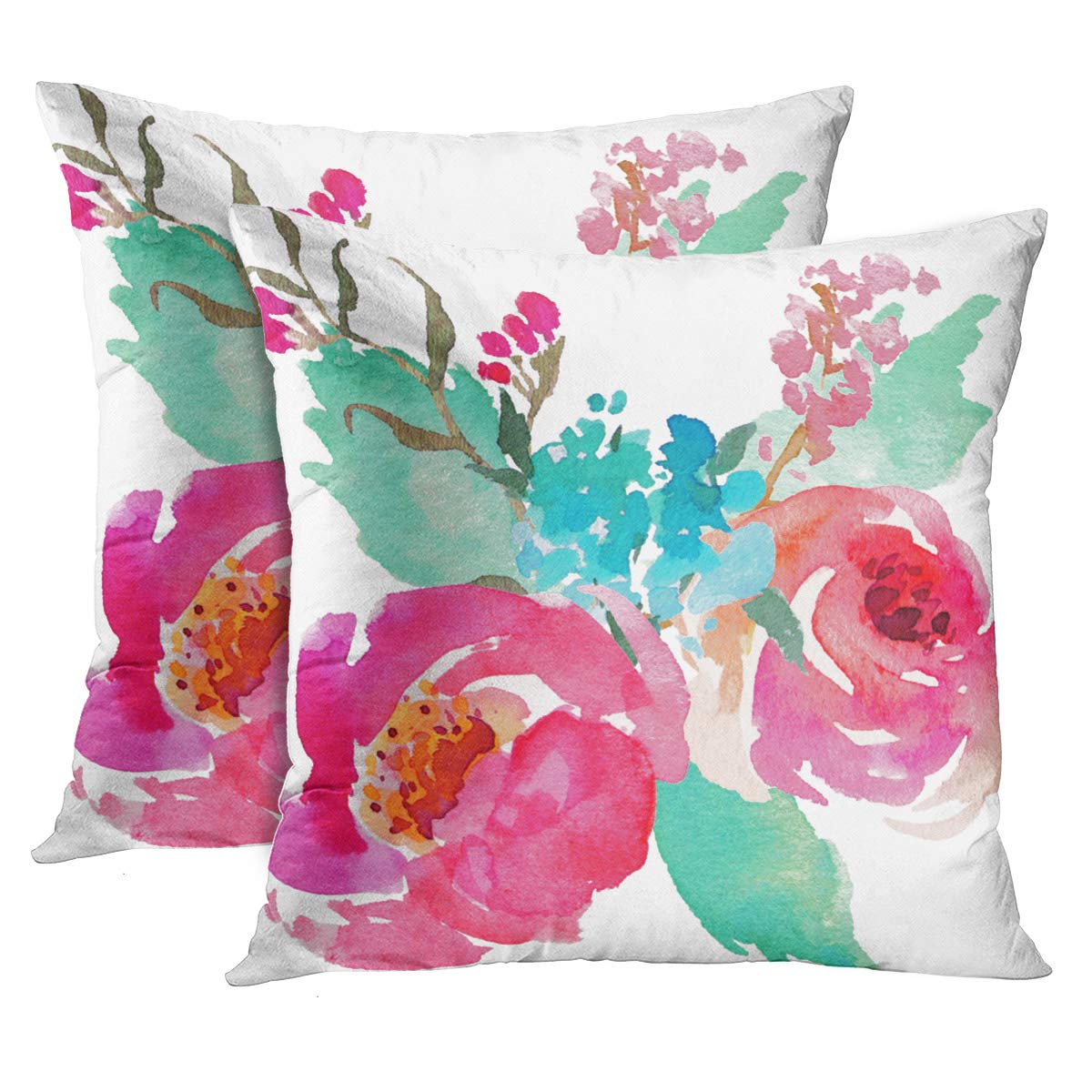 EmvencySet of 2 Throw Pillow Cover Flowers Watercolor Peonies Pink Turquoise Summer Girly Decorative Pillow Case Home Decor Square 18 x 18 Inch Pillowcase