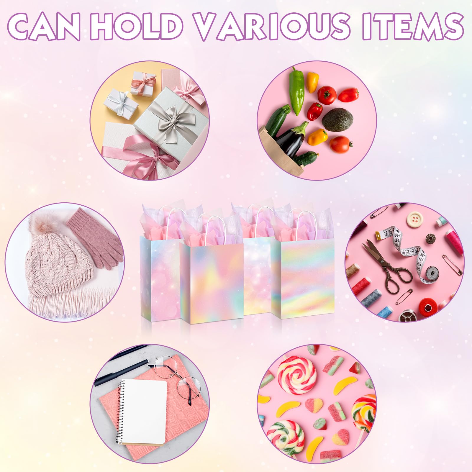 Maitys 24 Pcs Pastel Rainbow Goodie Bags with Tissue Paper, Spring Easter Party Favor Bags Rainbow Party Favor Bag Pastel Gift Bag for Kids Girls Spring Unicorn Birthday Wedding Baby Shower Decor