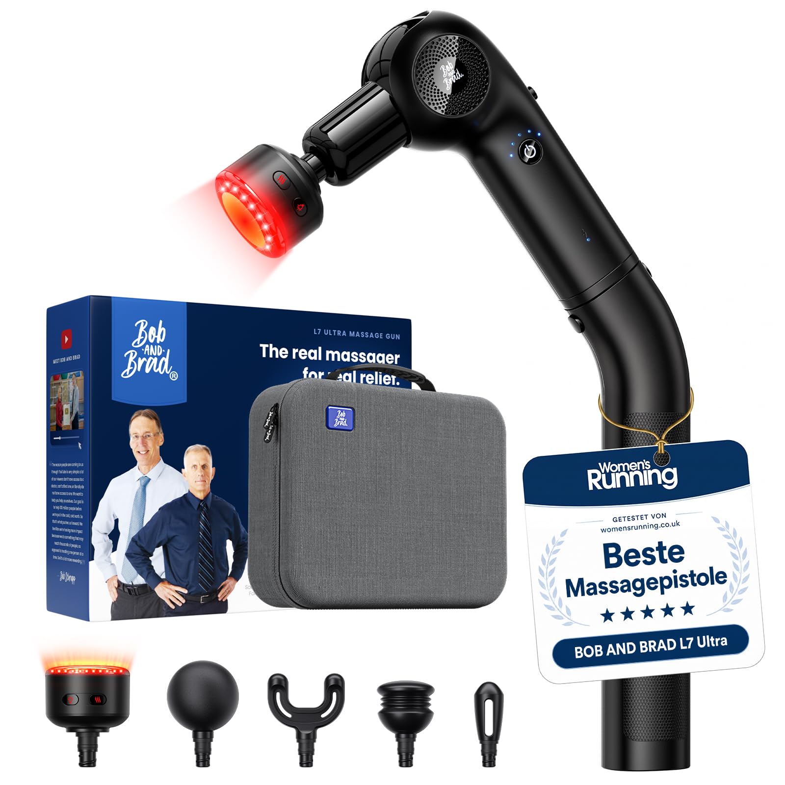BOB AND BRAD L7 Ultra Mini Massagepistole | Wärmefunktion & Rotlicht, 2-in-1 Deep Tissue Massagegerät mit Verlängerungsgriff, 90° schwenkbarer Massagekopf für Rücken
