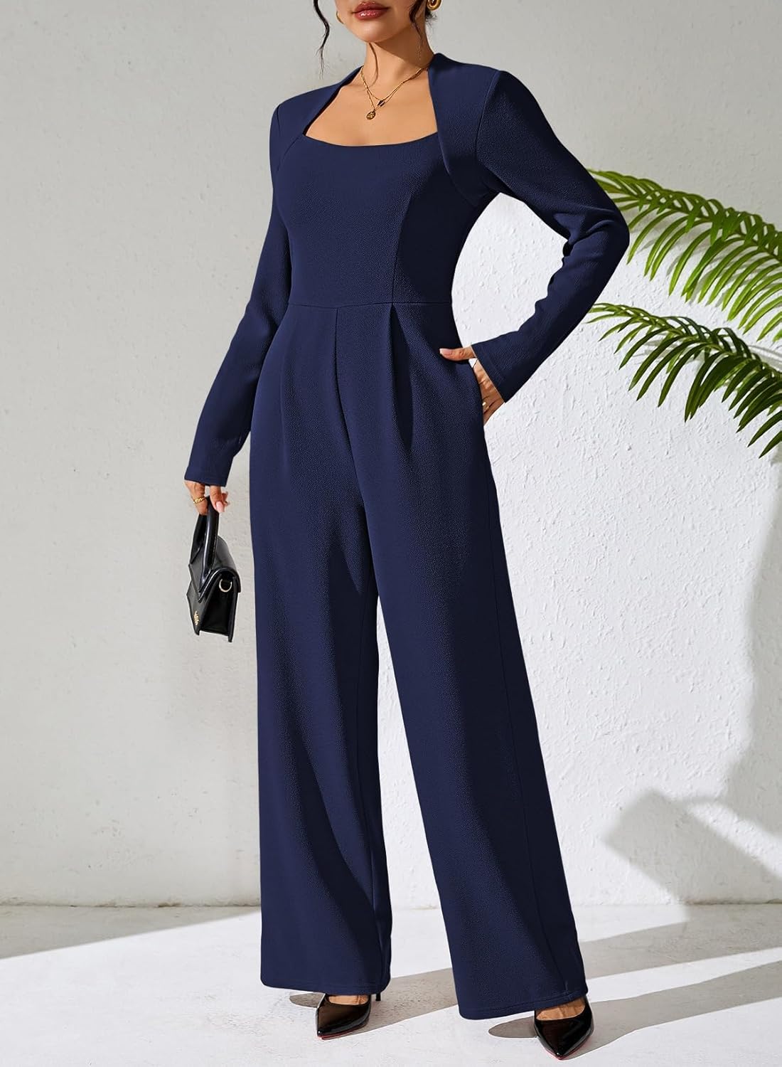 Pink Queen Jumpsuits for Women Dressy Scoop Neck Long Sleeve Wide Leg Romper One Piece Trendy Outfits - Image 3