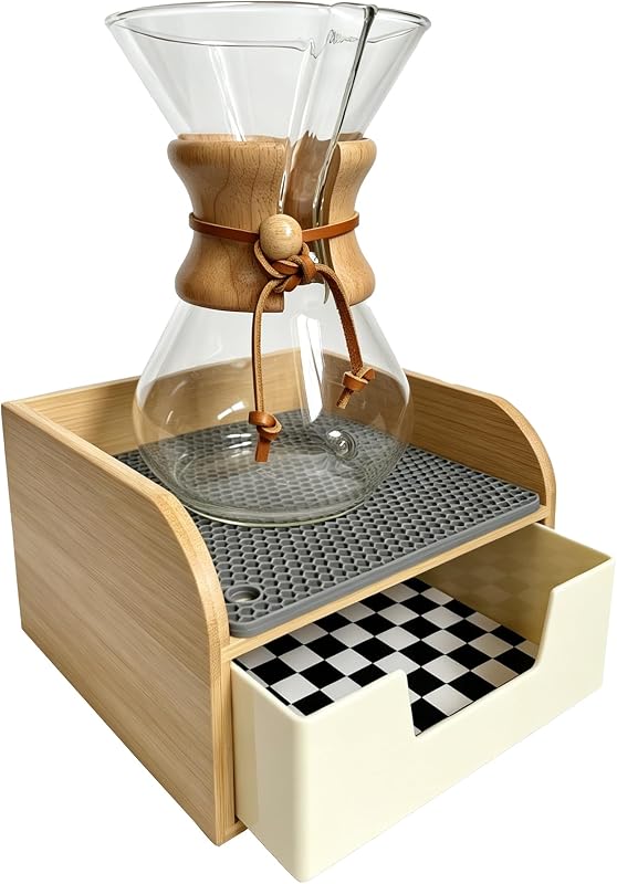 Bamboo Caddy Organizer stand for Chemex Glass Pour Over Coffee Maker | For Chemex for Bodum for Cosori Designed Compact Size to Save Space Drawer for Coffee Filter Storage to Lessen Dust Contact