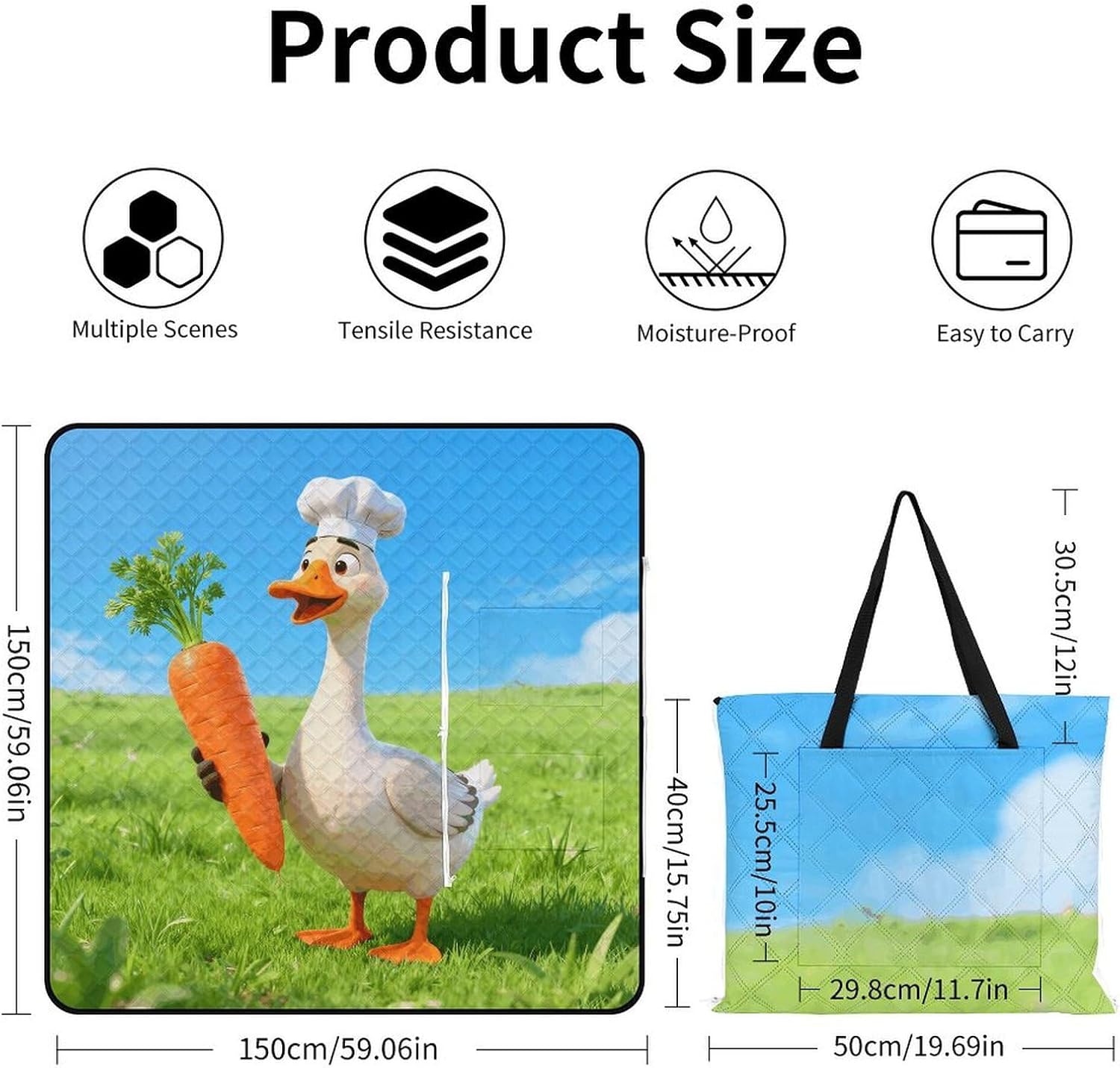 Funny Goose Gooses Carrot Picnic Blanket with Zipper Water Resistant Sand Free Picnic Mat Washable Foldable Easy Carry Beach Blanket for Lawn Beach Hiking Camping
