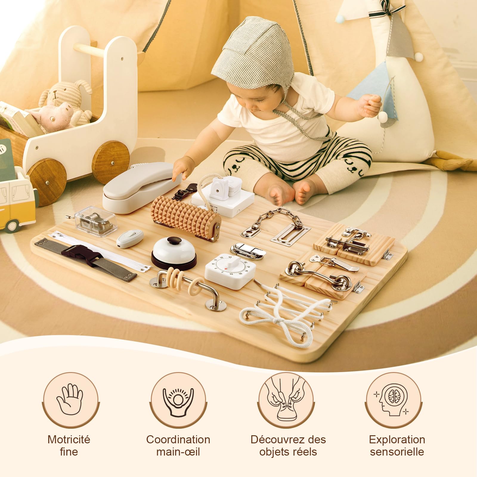 potatomato Tableau d’activités Montessori 21-en-1 en Bois - Jeu éducatif sensoriel et Moteur pour Enfants Puzzle Jouet bébé Cadeau adapté autisme Voyage et extérieur