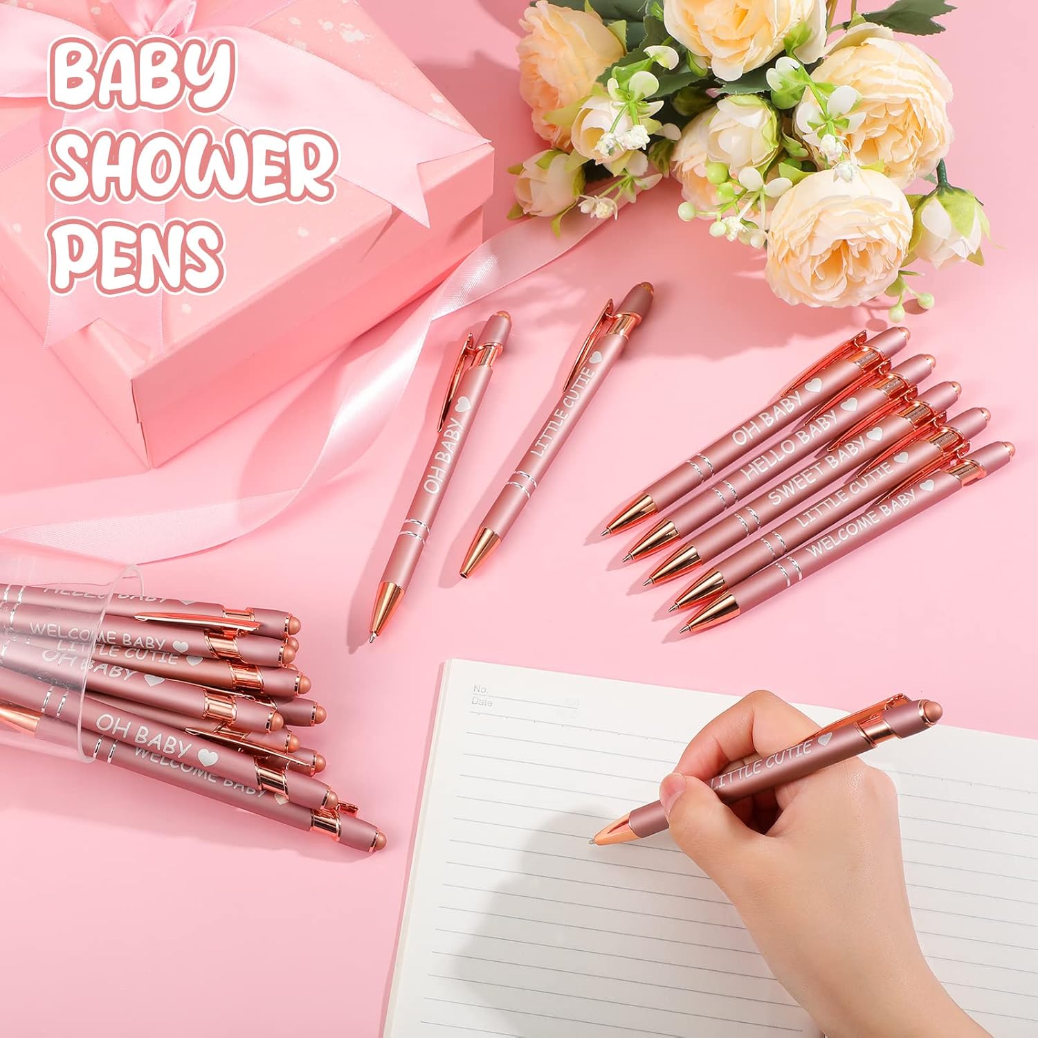 PerKoop 30 Pcs Baby Shower Pens Favors Bulk Rose Gold Ballpoint Pen Retractable Gel Ink Pens 2 In 1 Metal Pen For Guests Gifts Party Games Decors Writing Journaling Supplies