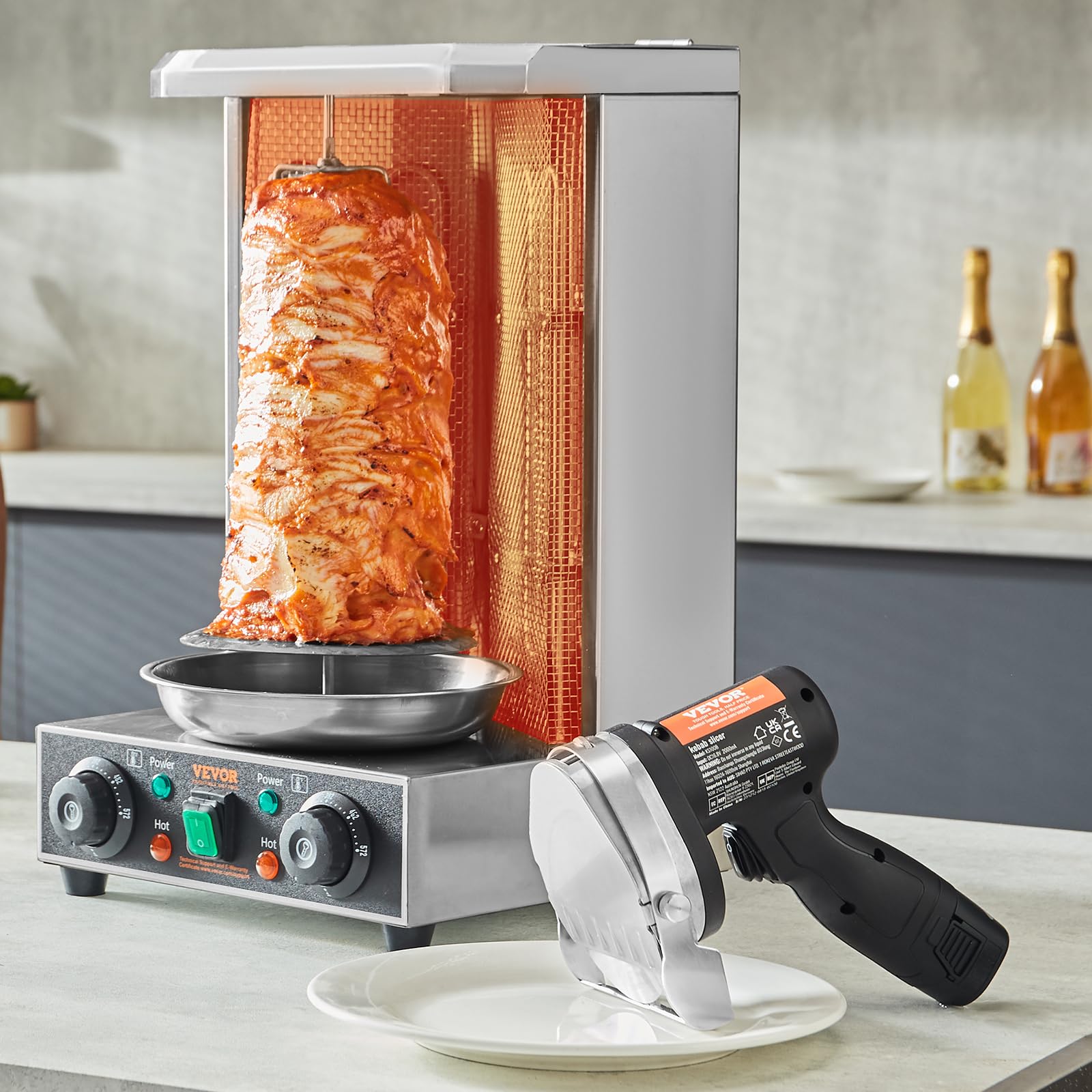 VEVOR Cuchillo Kebab Eléctrico Inalámbrico 80 W, Cortadora de Carne Shawarma Kebab Turca Comercial de Acero Inoxidable, con 2 Cuchillas de 100 mm, Espesor Ajustable 0-8 mm, para Restaurantes, Bares