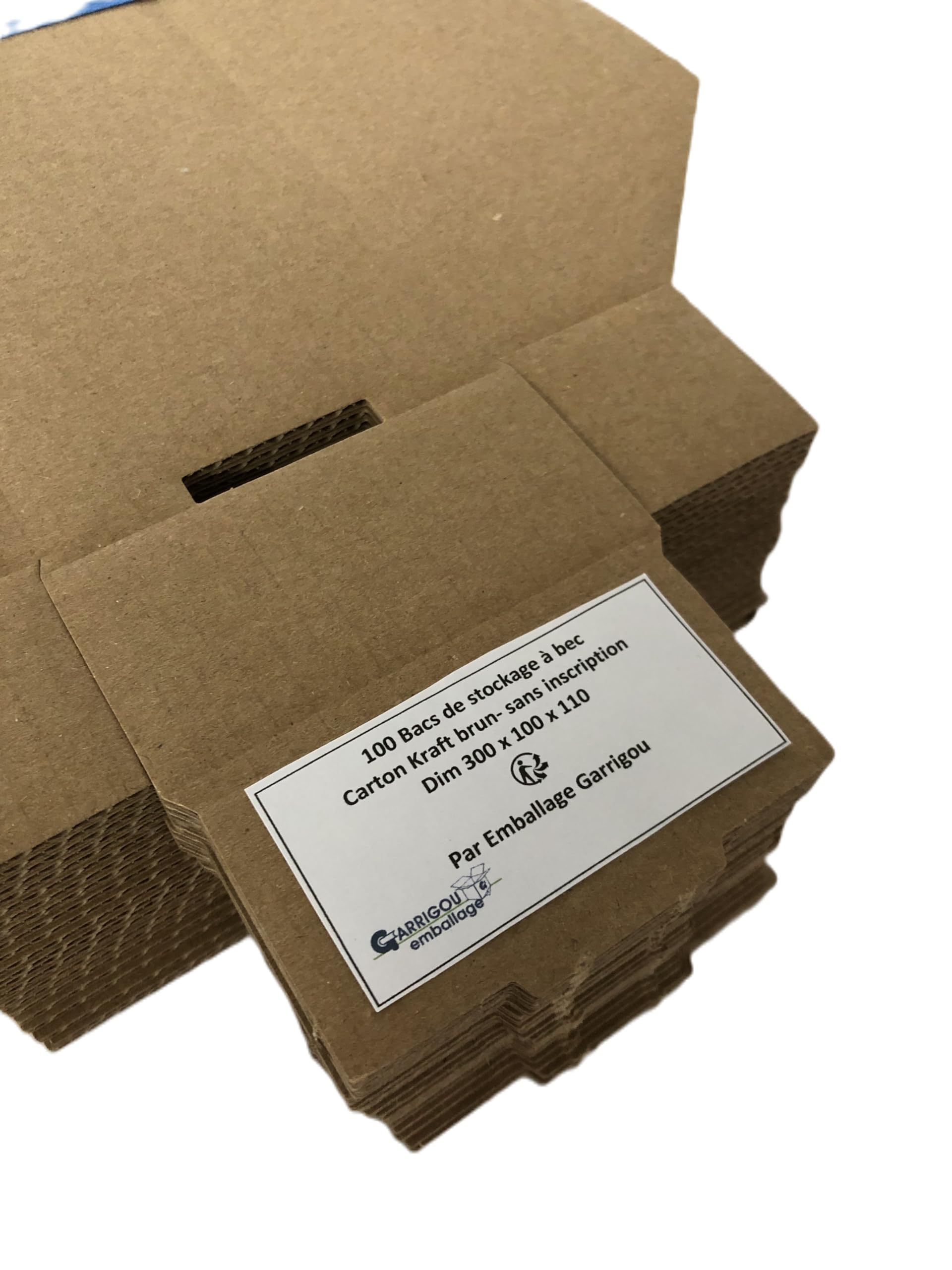 Pack de 100 bacs, becs de stockage en carton brun, Dimensions 300x100x110 mm
