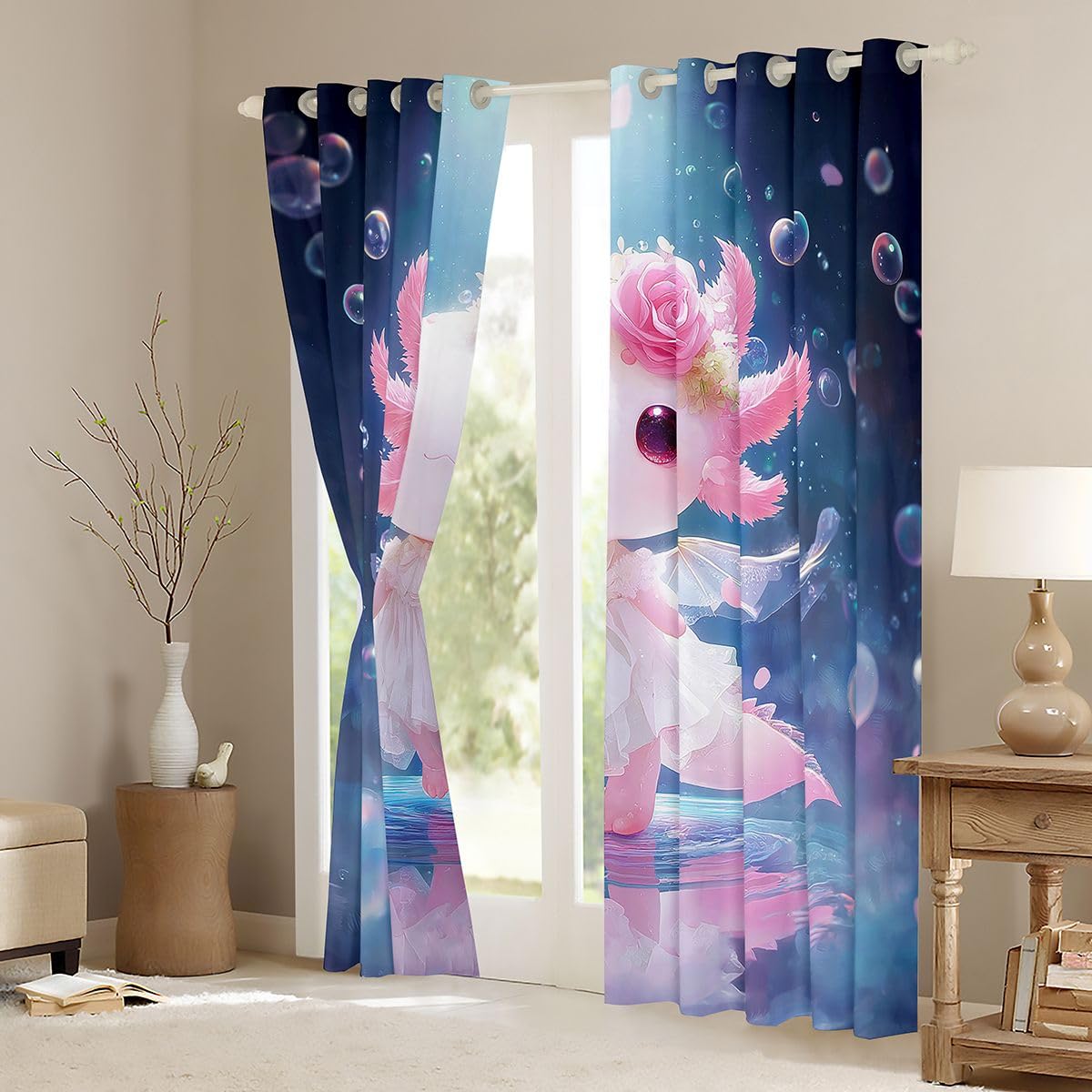Homemissing Tende oscuranti Princess Axolotl con salamandra in stile cartone animato, tende oscuranti per soggiorno, decorazione per soggiorno, motivo creatura marina, isolamento termico, romantiche