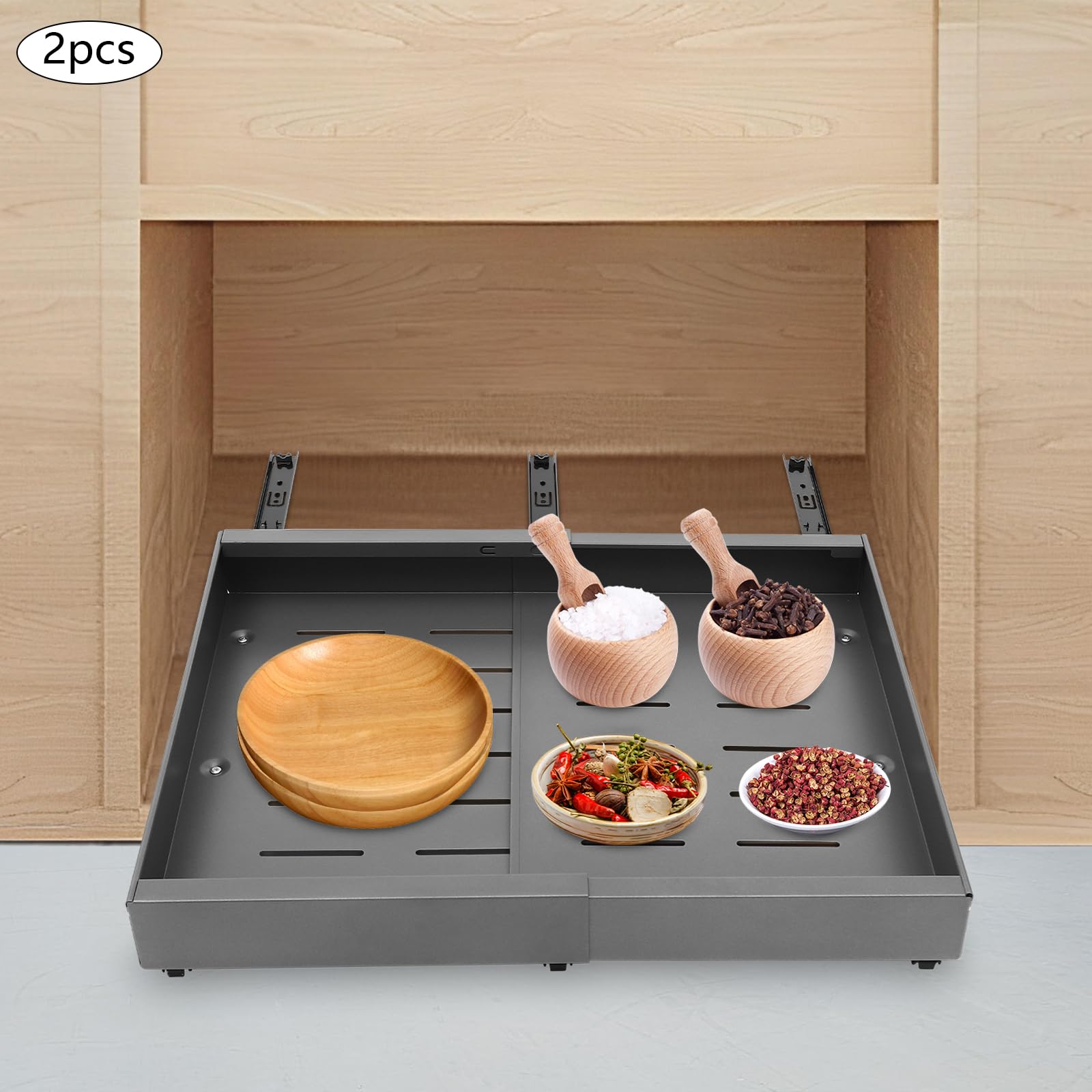 2 Stück Kohlenstoffstahl Grau 32-52 cm Modern Küche und Bad Teleskopschublade Ausziehbare Schublade Küche 50cm Tief Pull Out Cabinet Organizer Küchen Schrank für Schränke